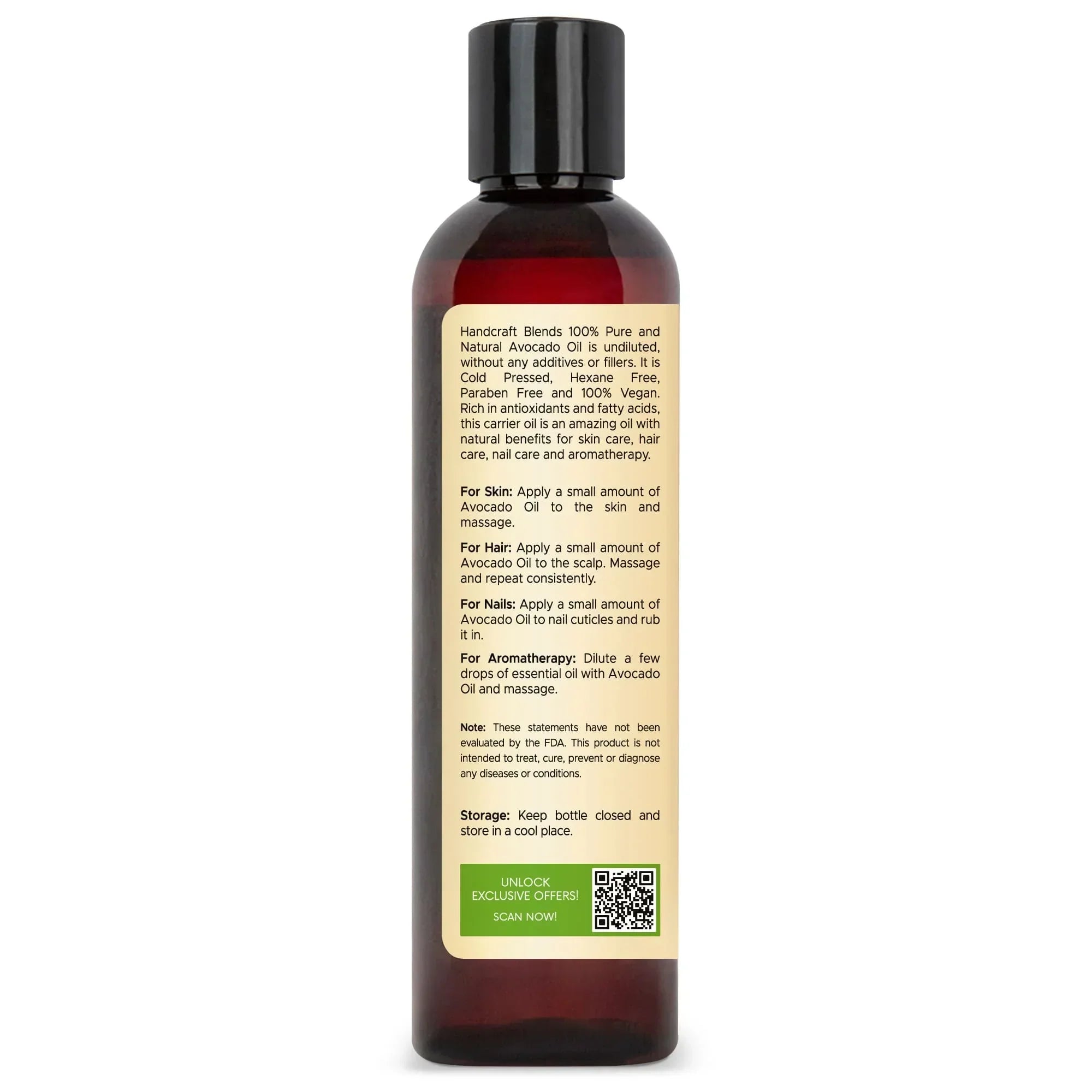 Handcraft Blends avocado oil bottle with usage and benefits label for skin, hair, nails, aromatherapy