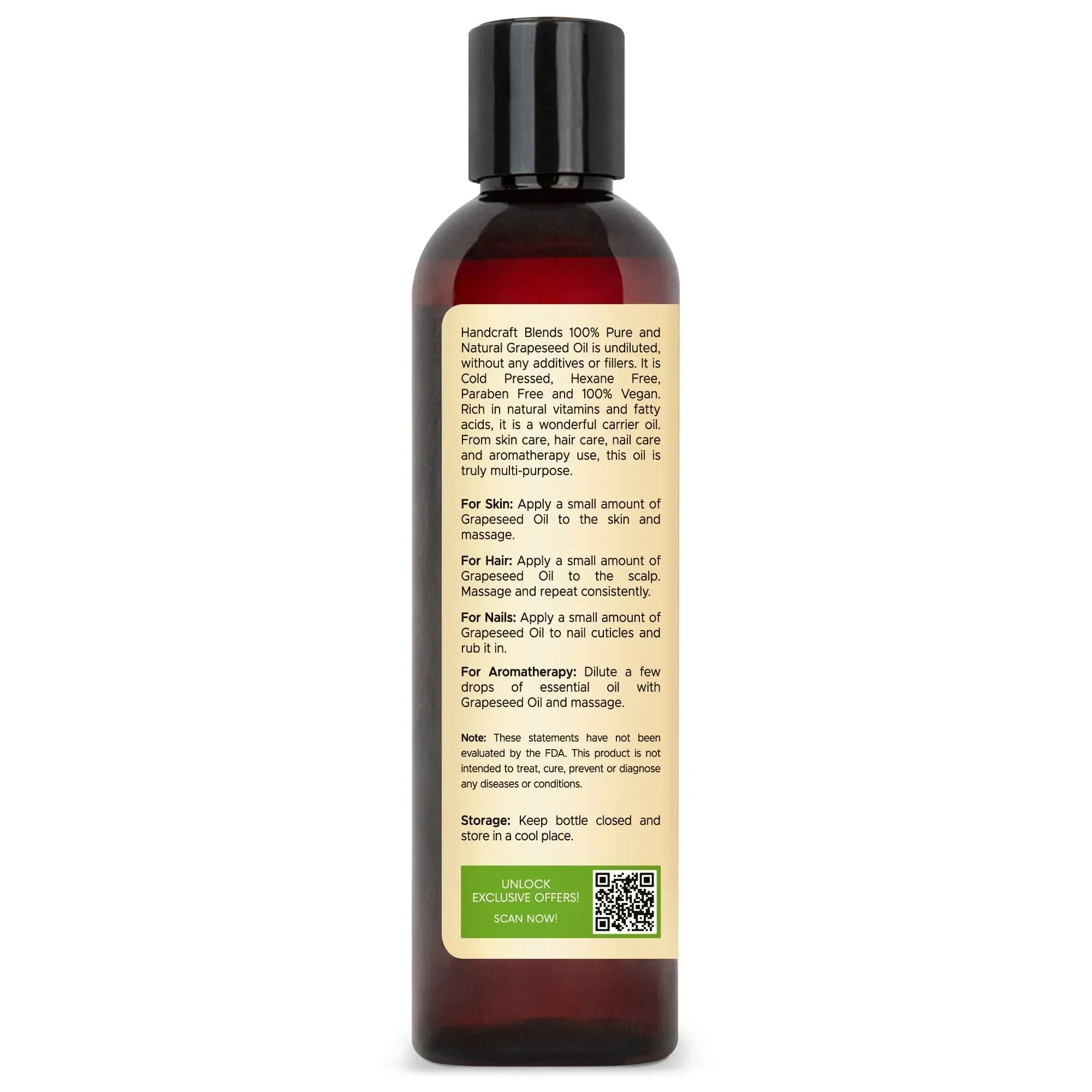 Handcraft Blends 8oz grapeseed carrier oil bottle with usage instructions label