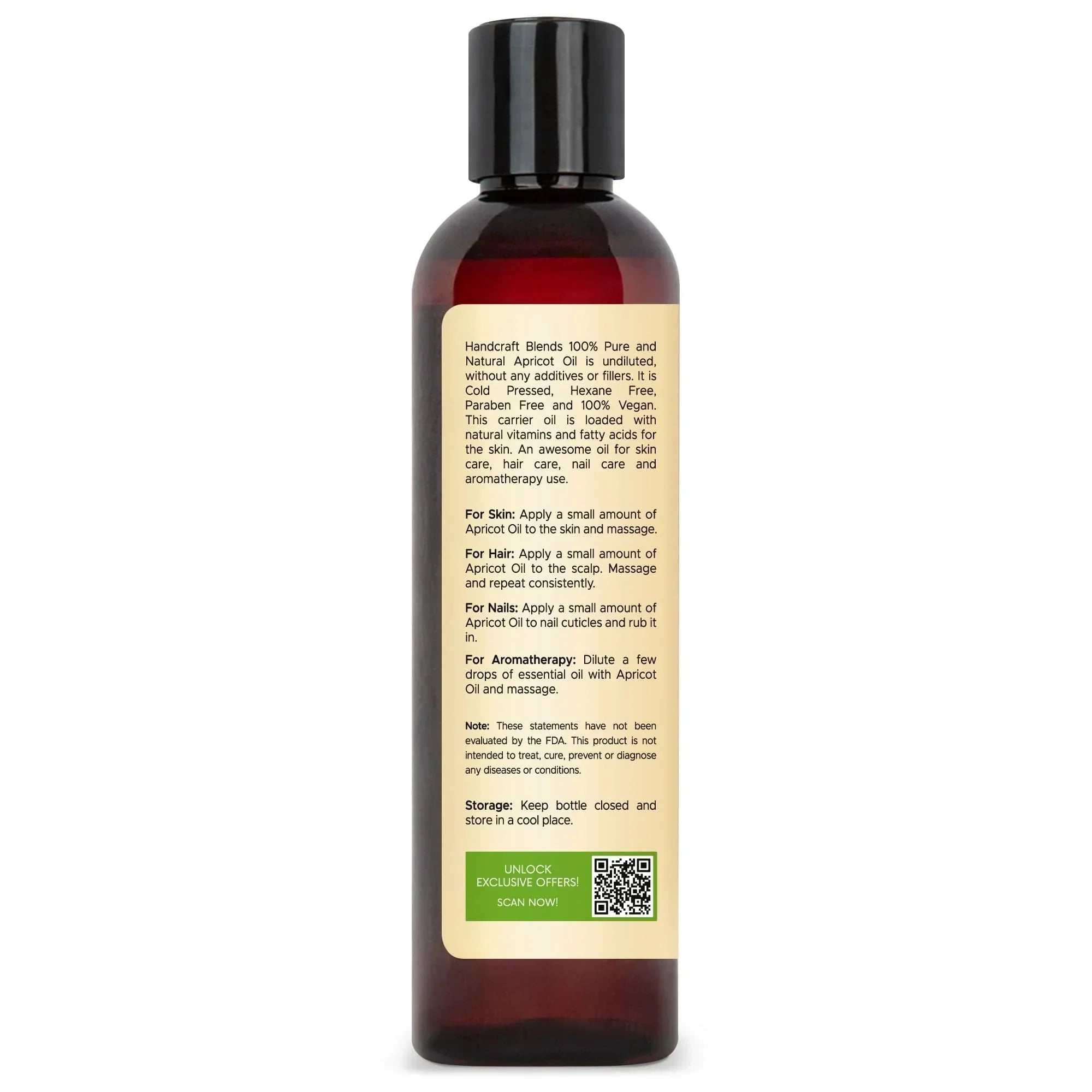 Handcraft Blends 8oz apricot oil bottle with ingredient and usage label, ideal for aromatherapy and skin care.