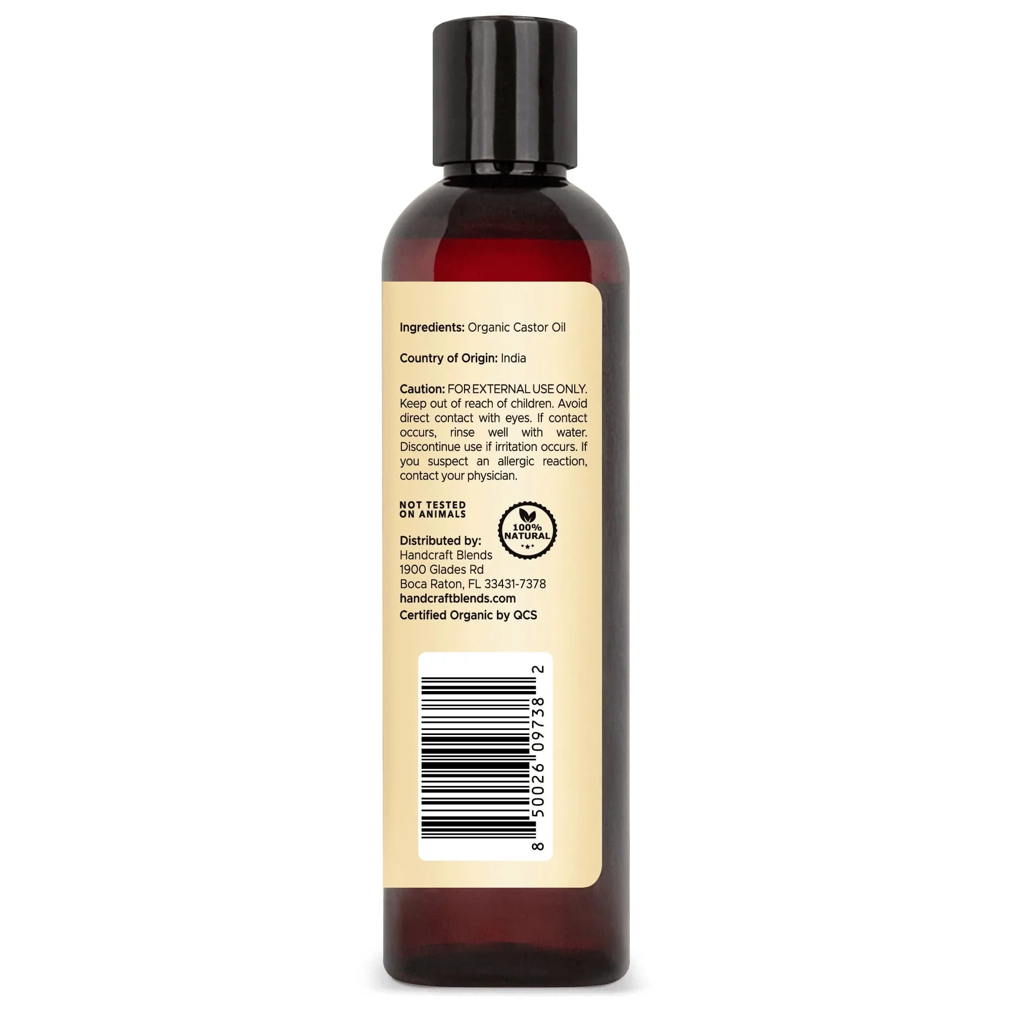 Handcraft Blends organic castor oil bottle, back label with ingredients and product details