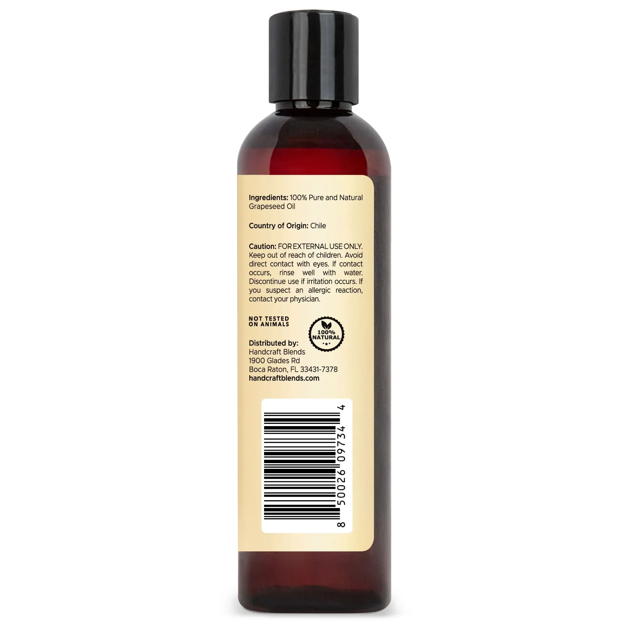 Handcraft Blends grapeseed oil bottle with ingredients label, 100% natural, 8oz