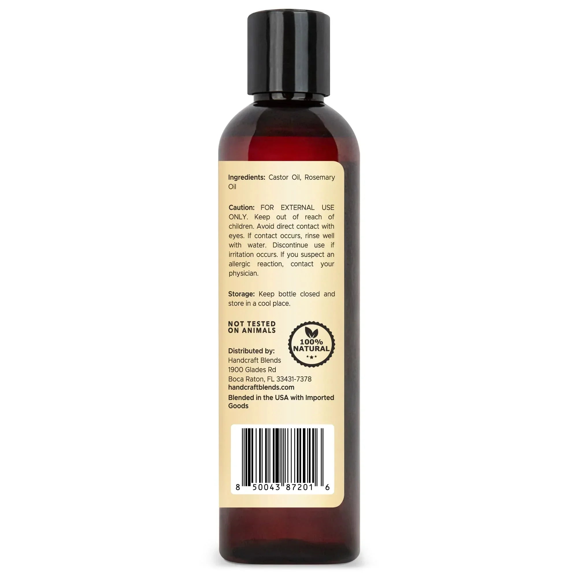 Amber plastic bottle of castor and rosemary oil with ingredient label and black cap