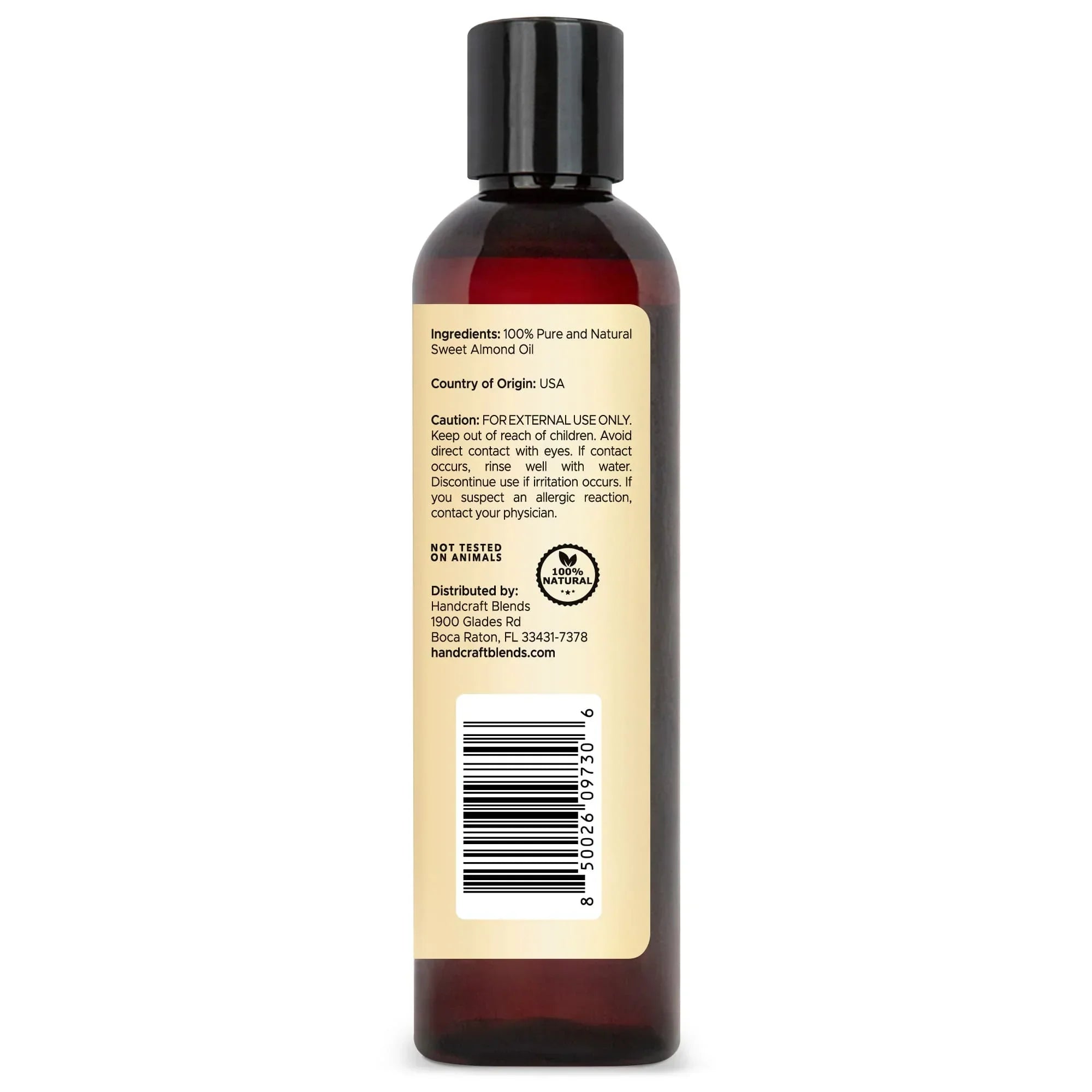 Handcraft Blends sweet almond oil 8oz bottle with ingredient and caution label