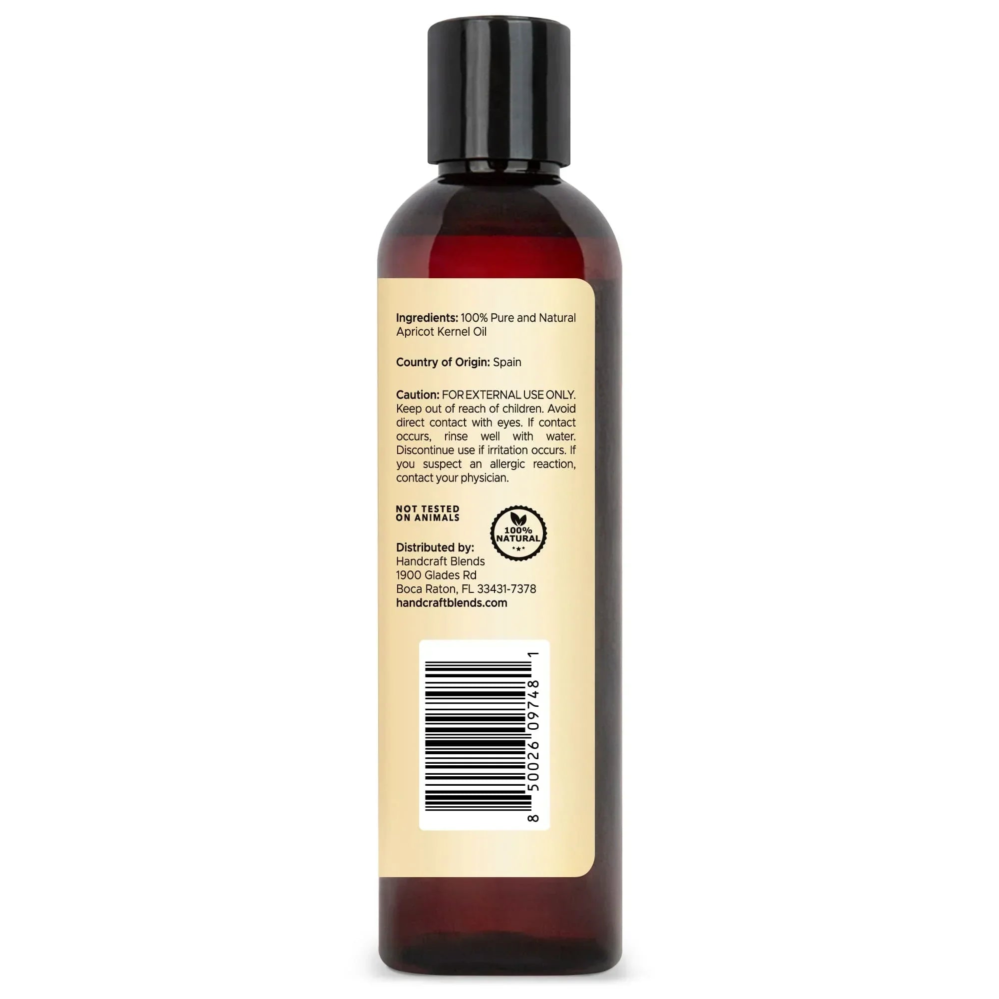 Handcraft Blends apricot kernel oil bottle with ingredient and caution label