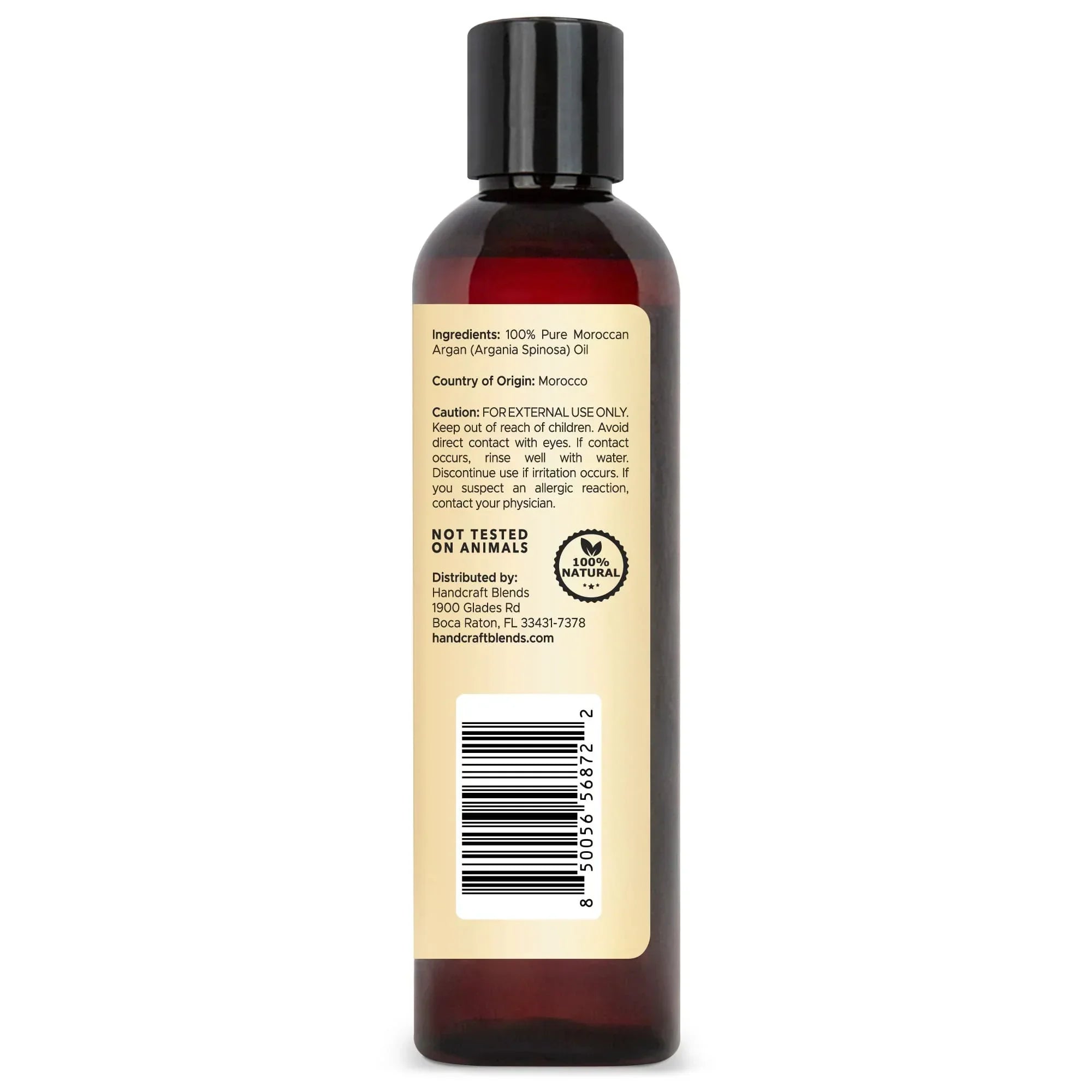 Back of an 8oz brown bottle of pure Moroccan argan oil with label details and barcode.