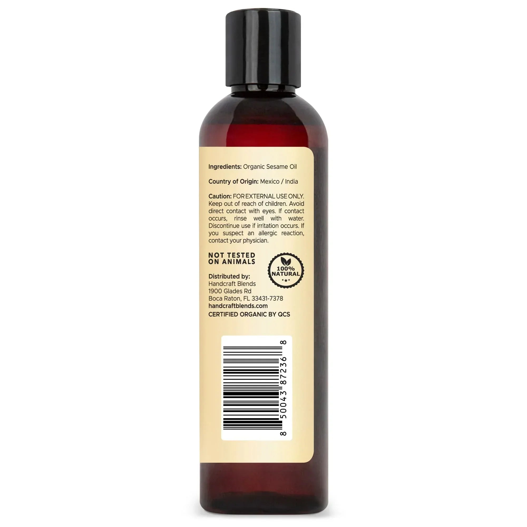 8oz bottle of organic sesame oil with ingredient label and barcode, amber plastic packaging