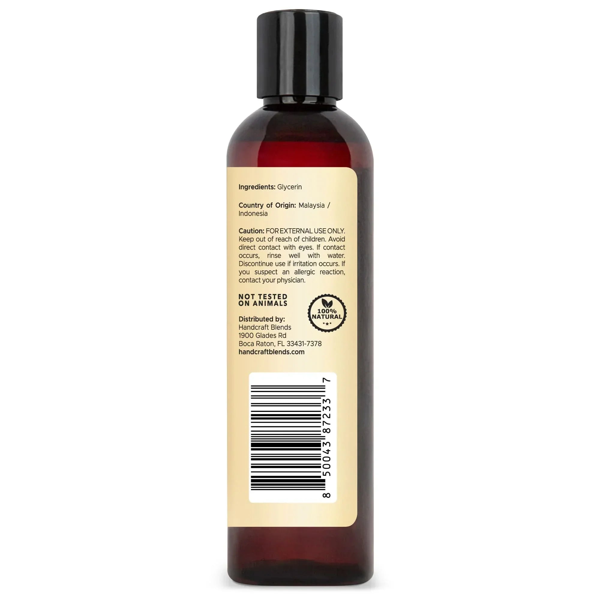 8oz amber plastic bottle with black cap, label lists glycerin ingredient, natural and not tested on animals, barcode and caution text visible