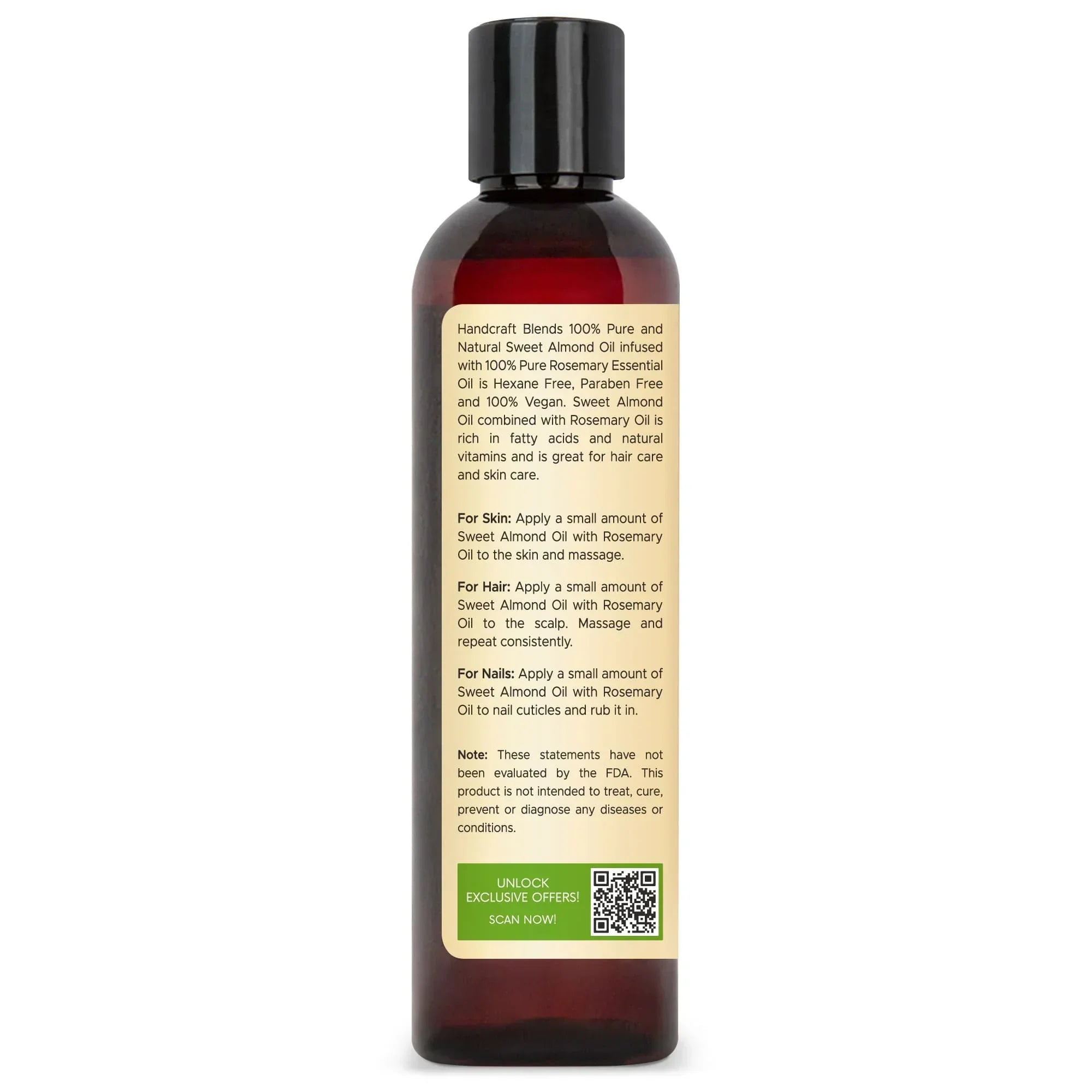 8oz bottle of sweet almond oil with rosemary essential oil, back label showing usage instructions for skin, hair, and nails.
