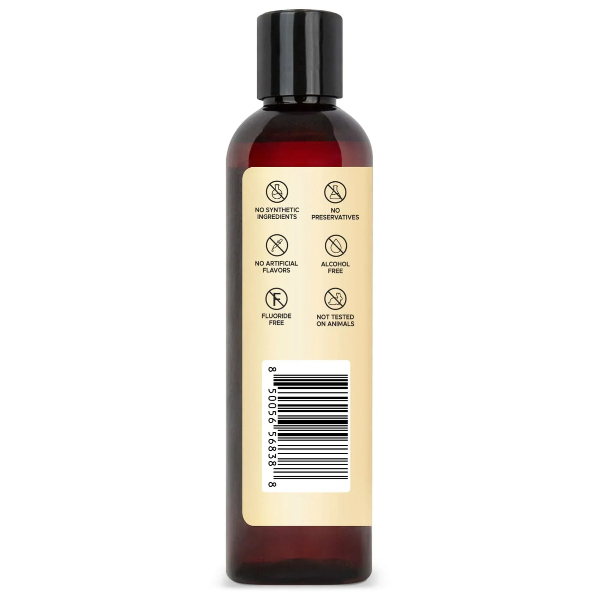 Amber plastic bottle with black cap, label showing no synthetic ingredients, preservatives, artificial flavors, alcohol, fluoride, or animal testing, and a barcode.
