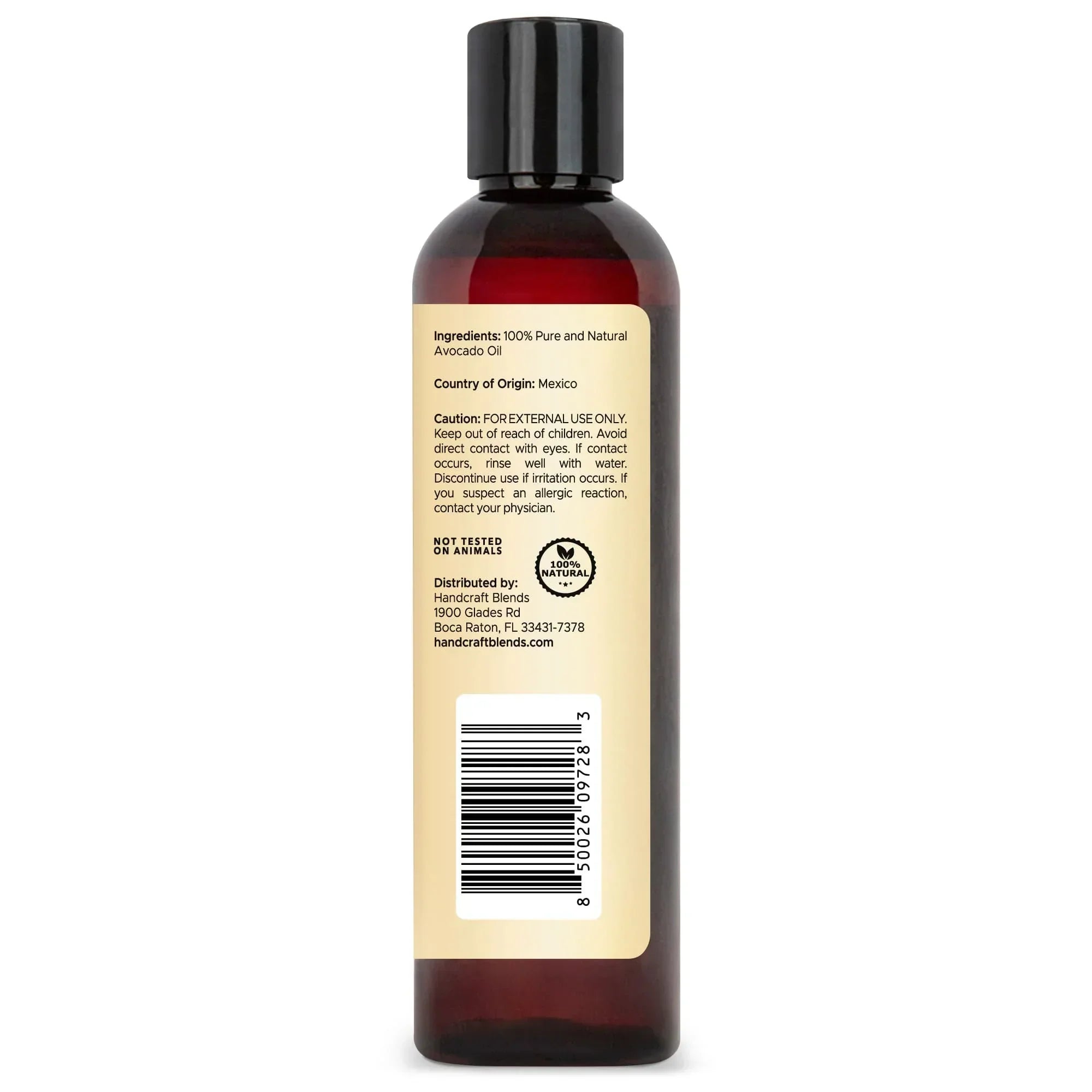 Handcraft Blends 8oz avocado oil bottle with ingredients and caution label