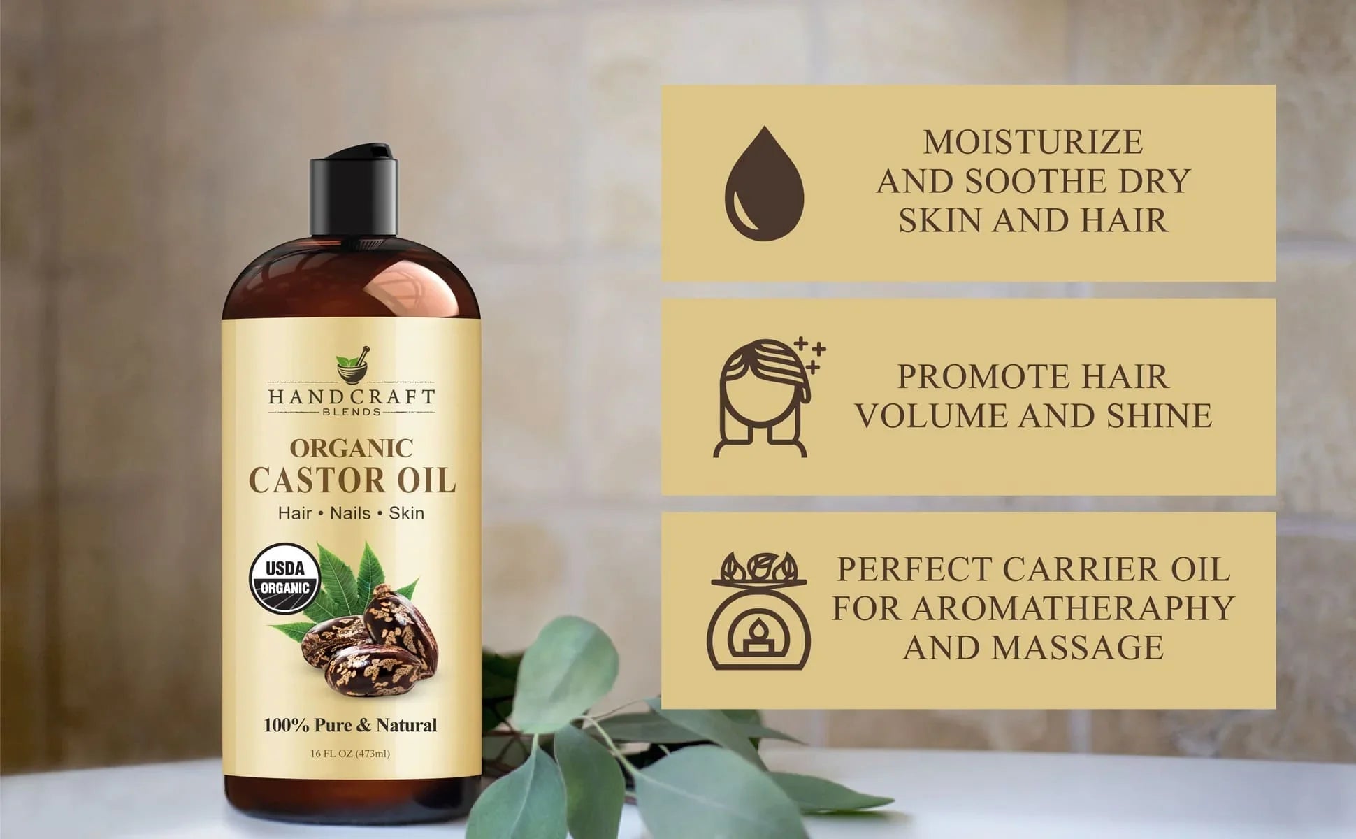 Handcraft Blends Organic Castor Oil bottle with benefits for skin, hair, aromatherapy, and massage.
