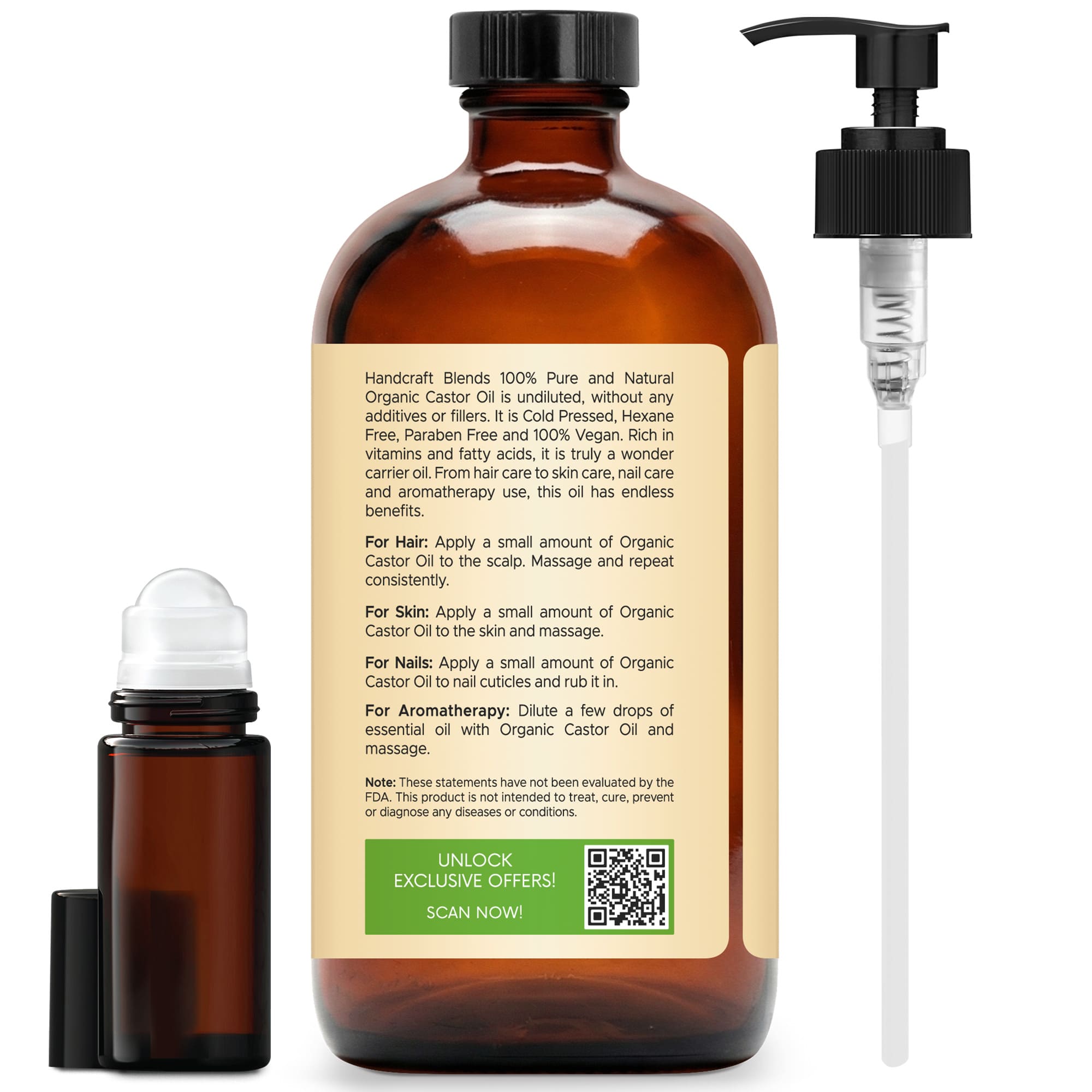 Organic Castor Oil - Glass Bottle with Roll on Bottle