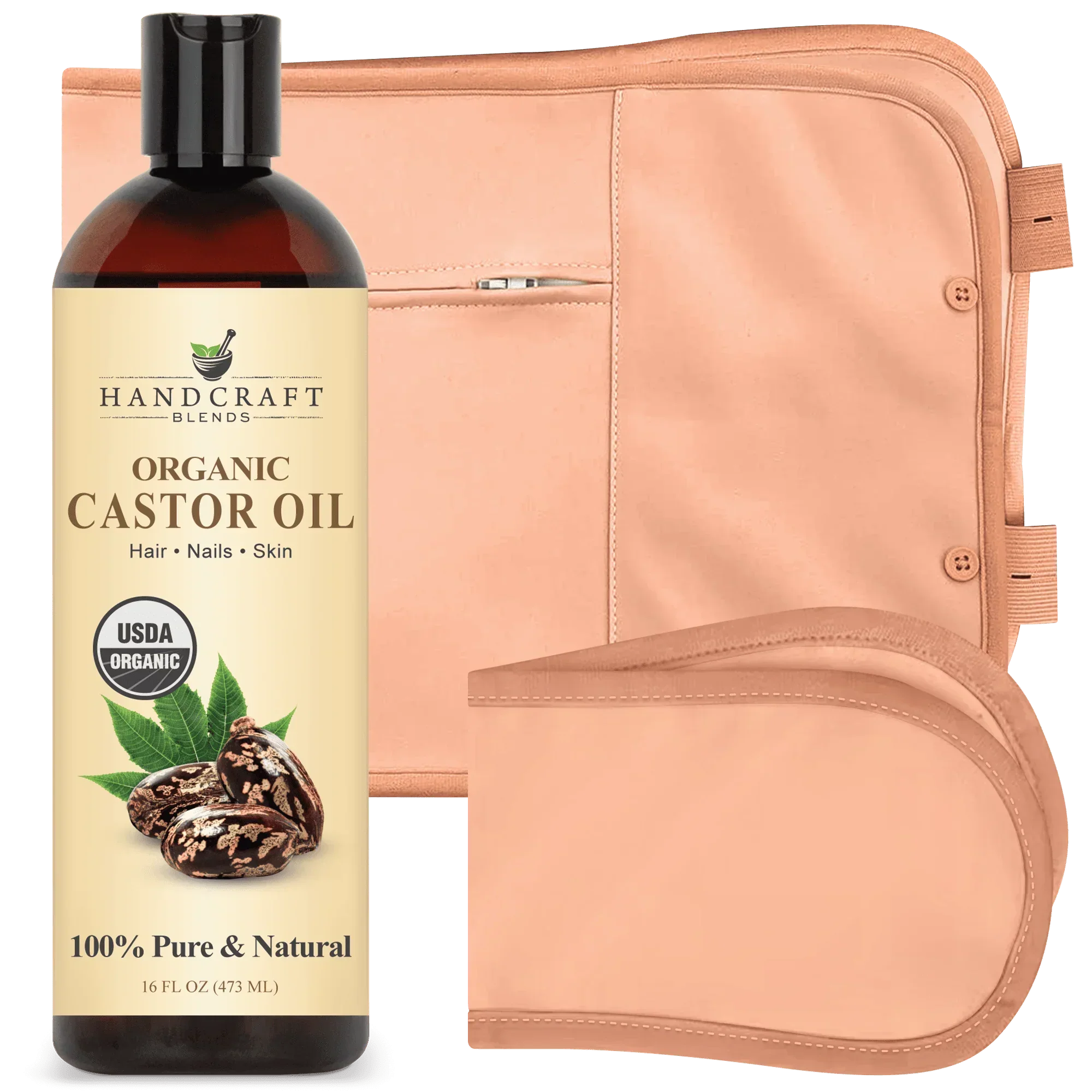 Organic castor oil bottle with peach reusable pack wrap, natural carrier oil set
