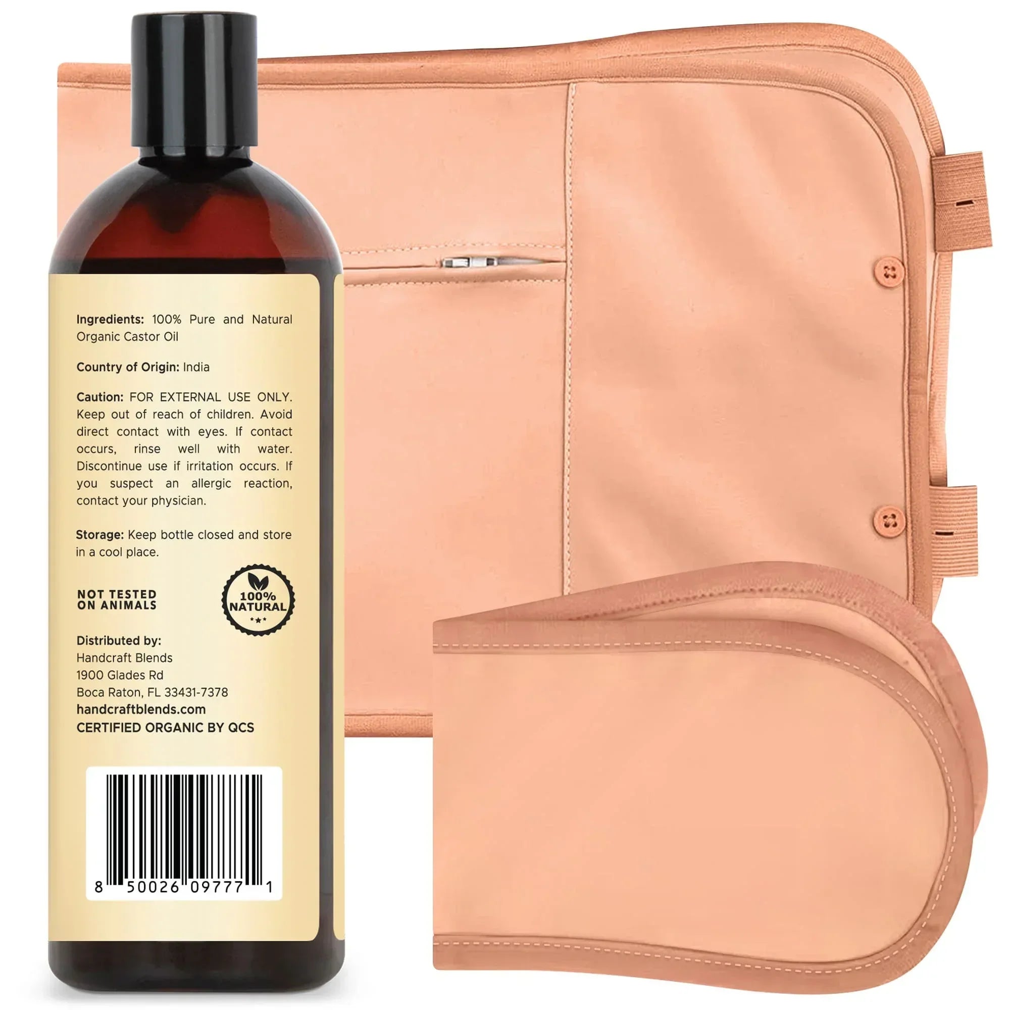 Organic castor oil bottle with tan fabric pack wrap and pad for natural wellness