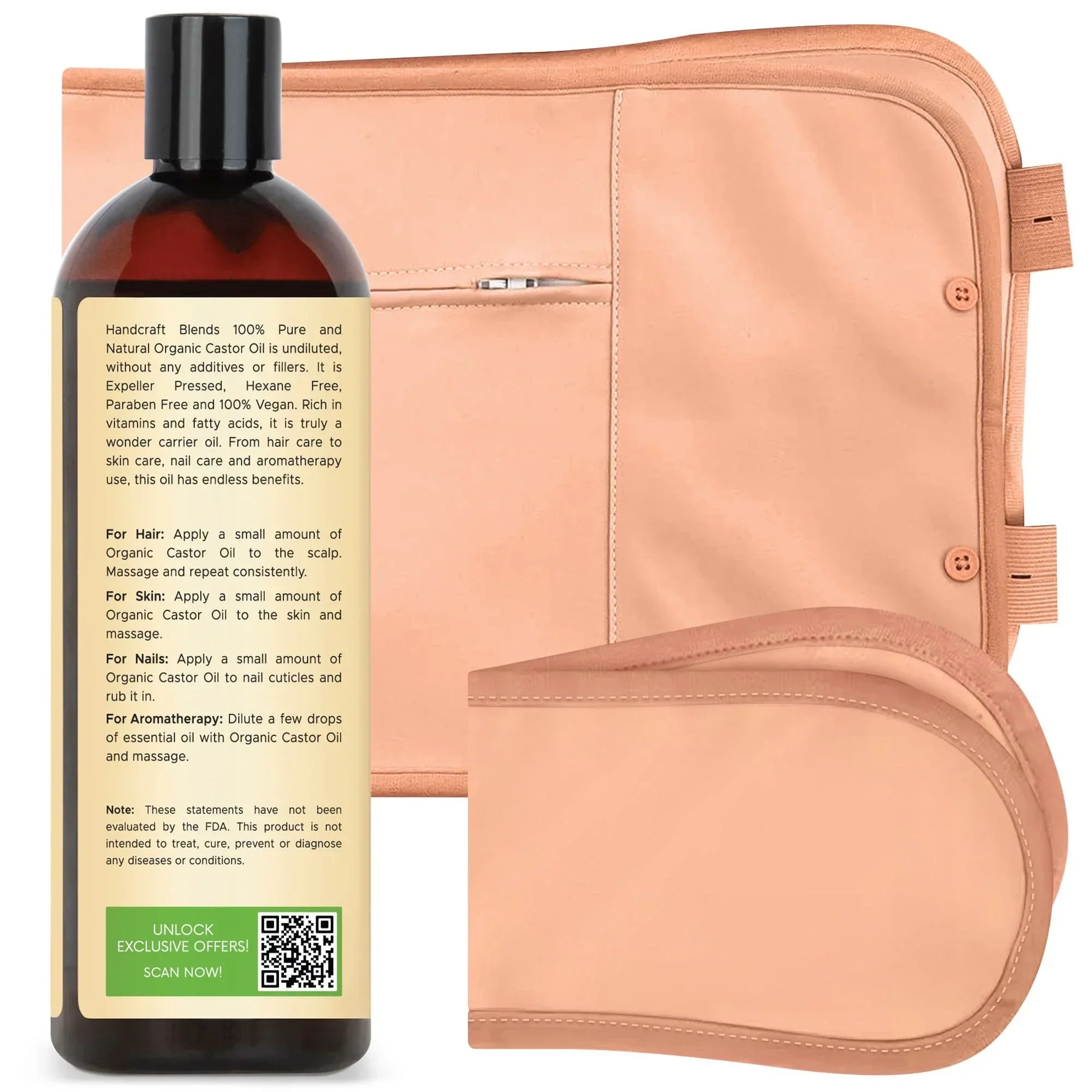 Organic castor oil bottle with beige pack wrap for skin, hair, nail, and aromatherapy use