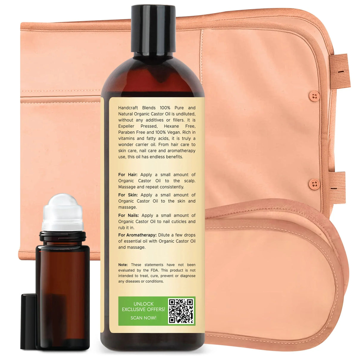 Organic Castor Oil Pack Wrap with Roll on Bottle