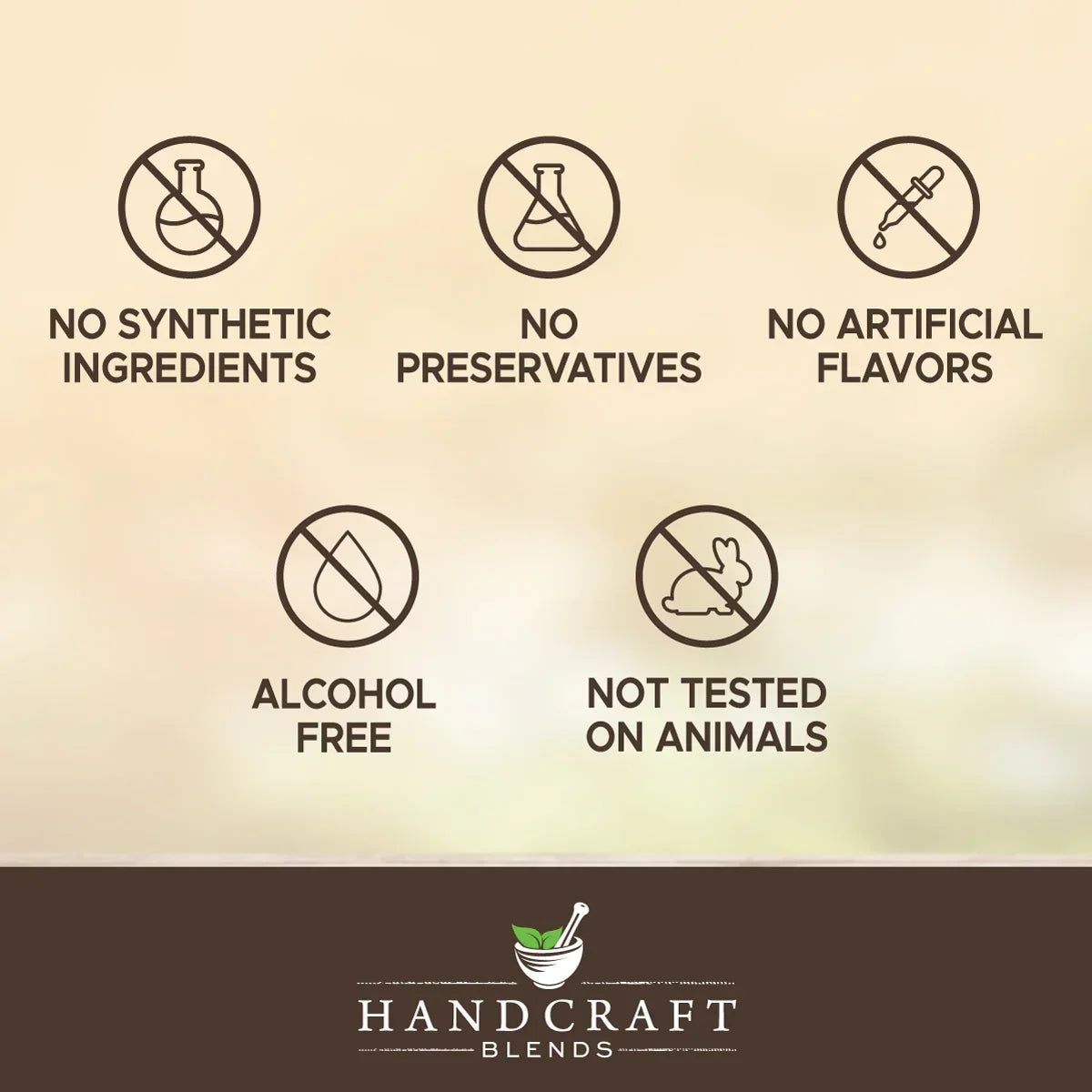 Infographic showing massage oil as alcohol free, no synthetic ingredients, preservative free, not tested on animals, no artificial flavors.