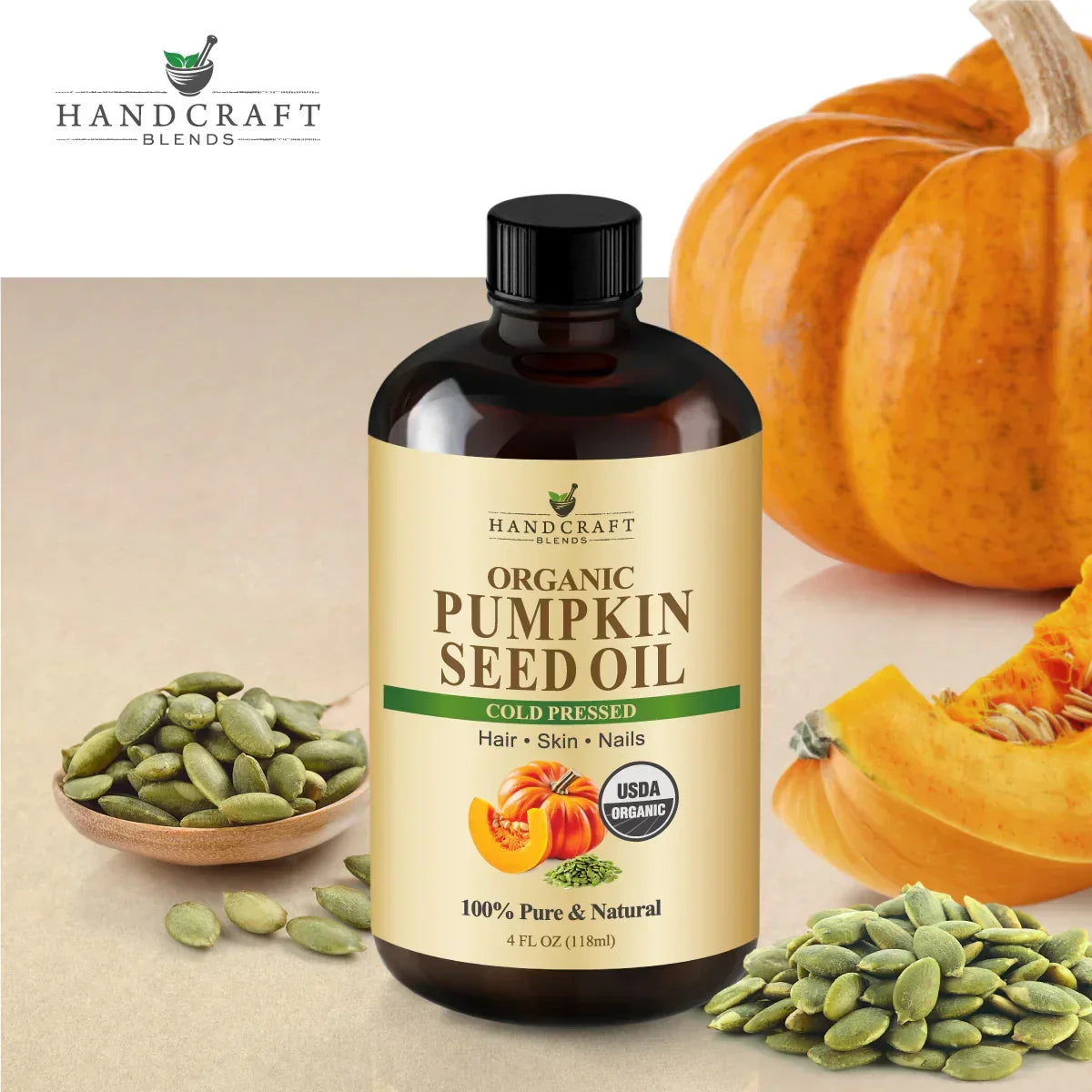 Bottle of organic pumpkin seed oil with pumpkin, seeds, and product label visible