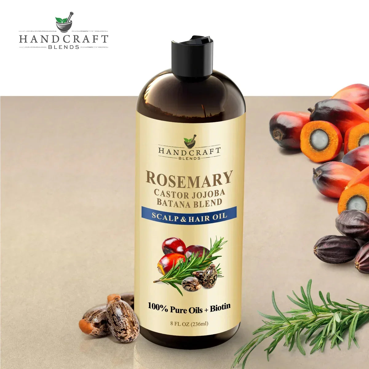 Rosemary hair oil bottle for scalp, with castor, jojoba and batana oils, on beige background