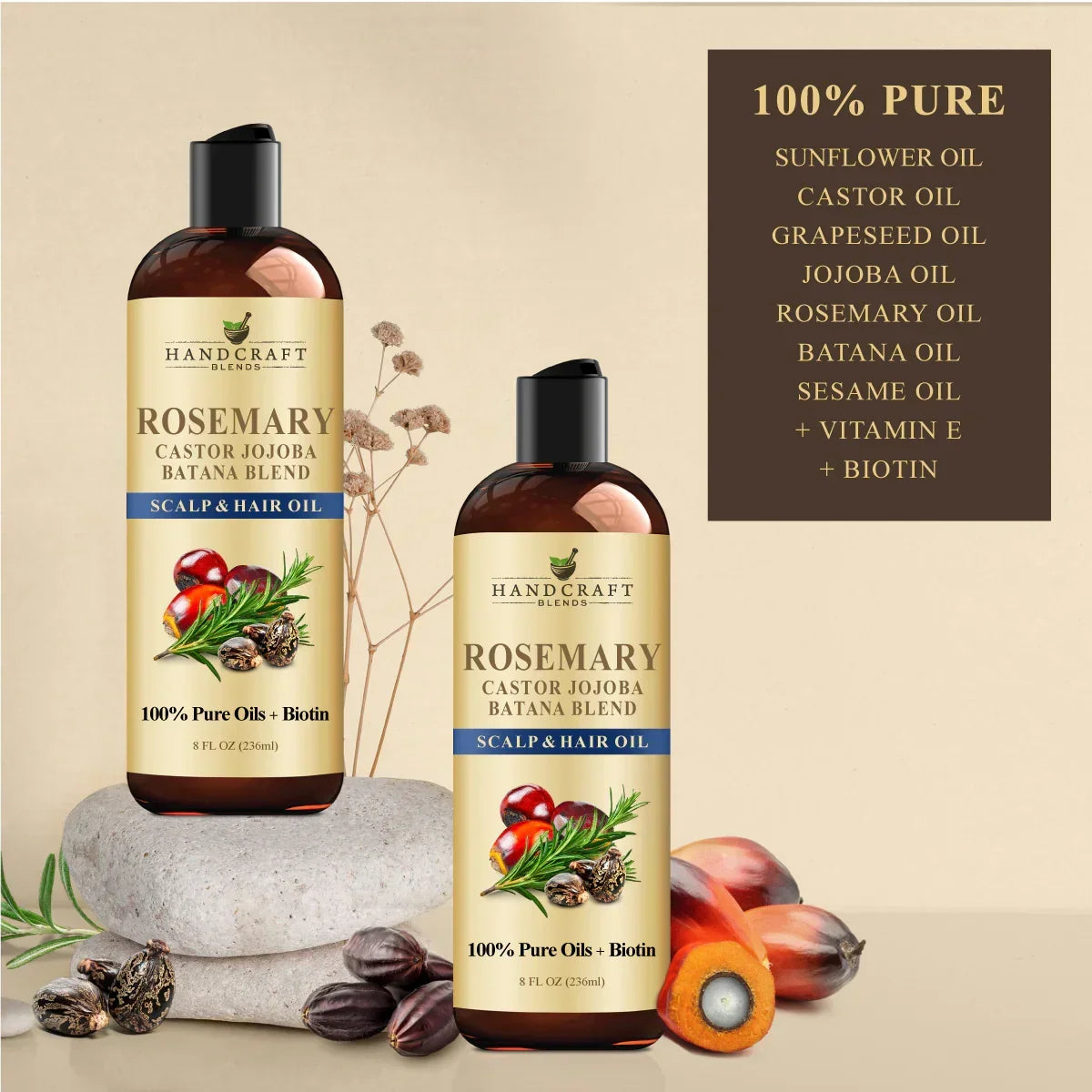 Rosemary scalp and hair oil bottles with natural ingredients and blend benefits listed