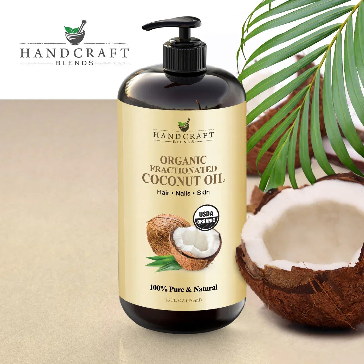 Organic fractionated coconut oil bottle with pump, coconut and palm leaf, 16oz size
