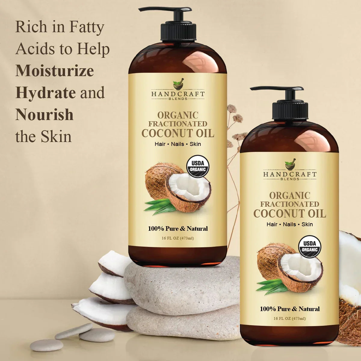 Two bottles of organic fractionated coconut oil for hair, nails, and skin, with coconut slices and spa stones.