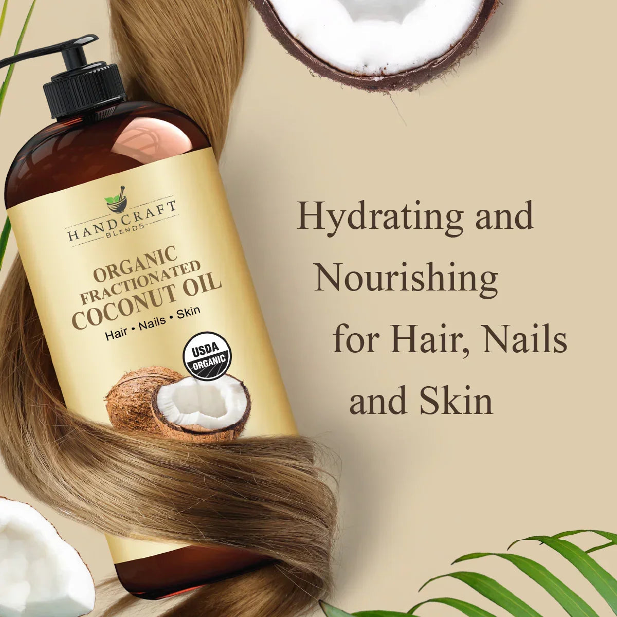 Organic fractionated coconut oil bottle with coconuts, hair, and text for hair, nails, skin
