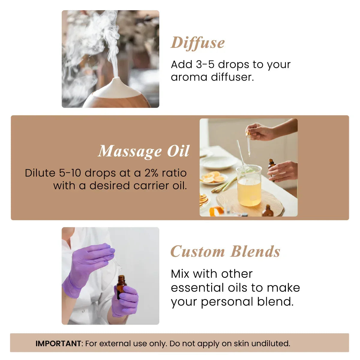 How to use essential oils for diffusing, massage oil, and custom blends, with safety note.