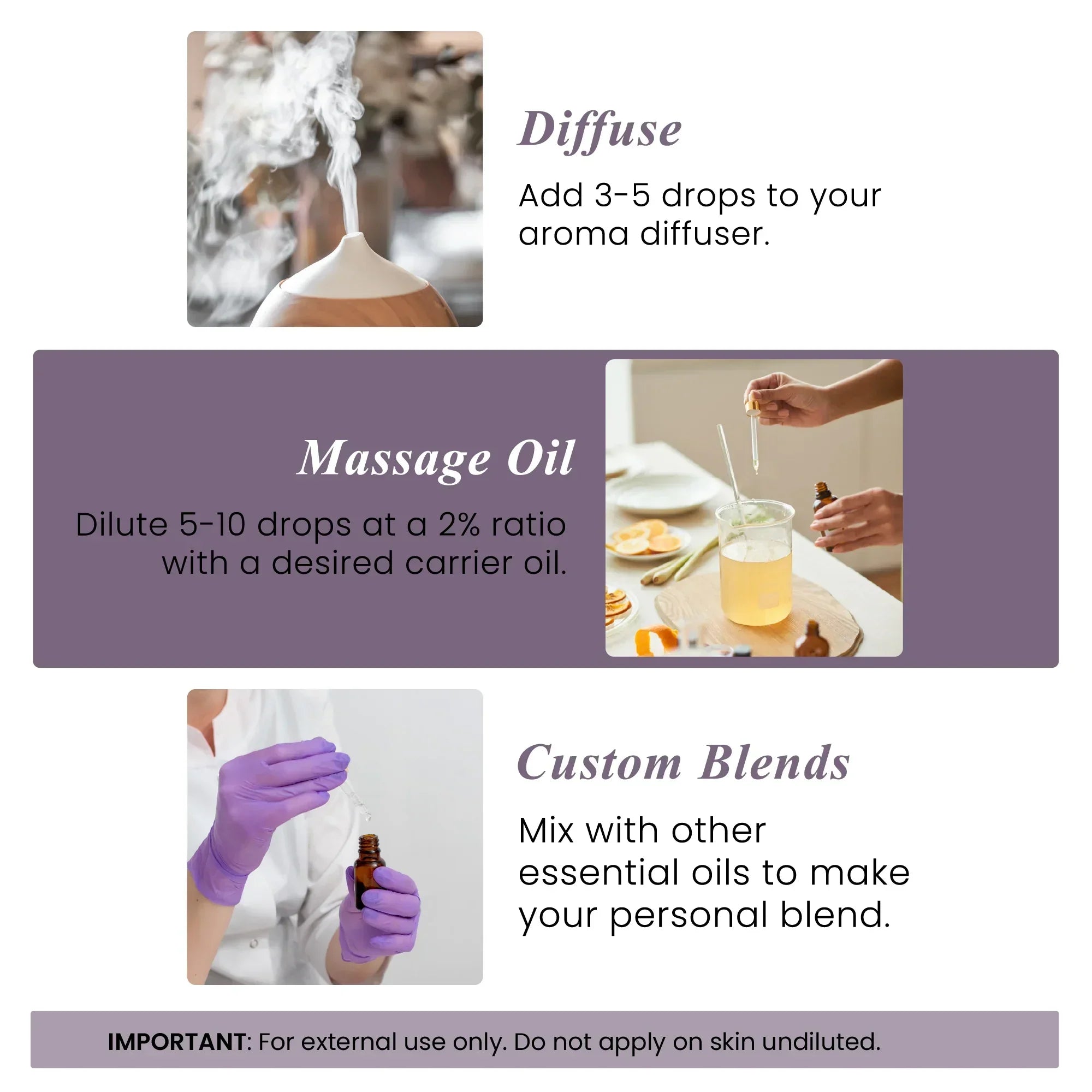 How to use camphor essential oil: add to diffuser, dilute for massage oil, or create custom blends.