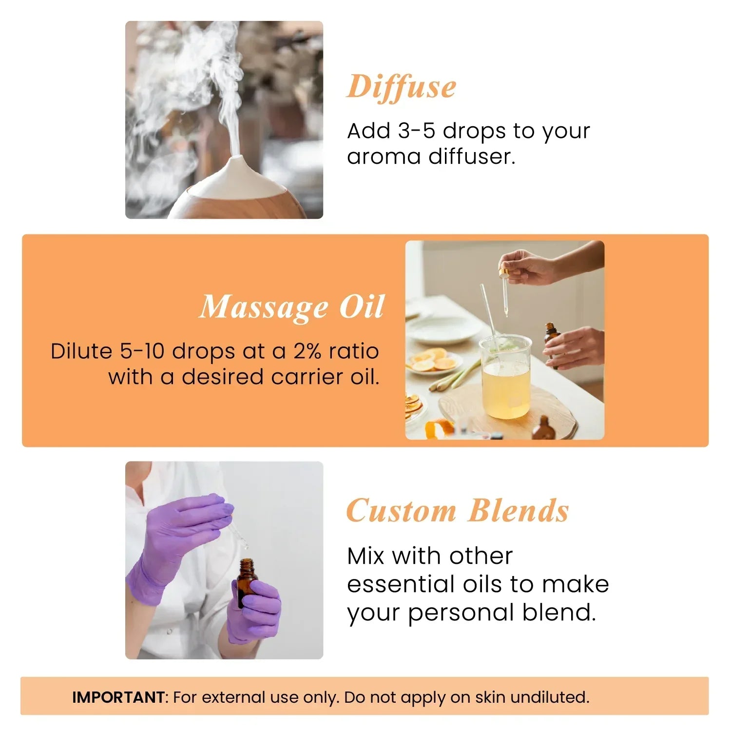 Essential oil usage guide with diffuser, massage oil, and custom blend instructions and images.