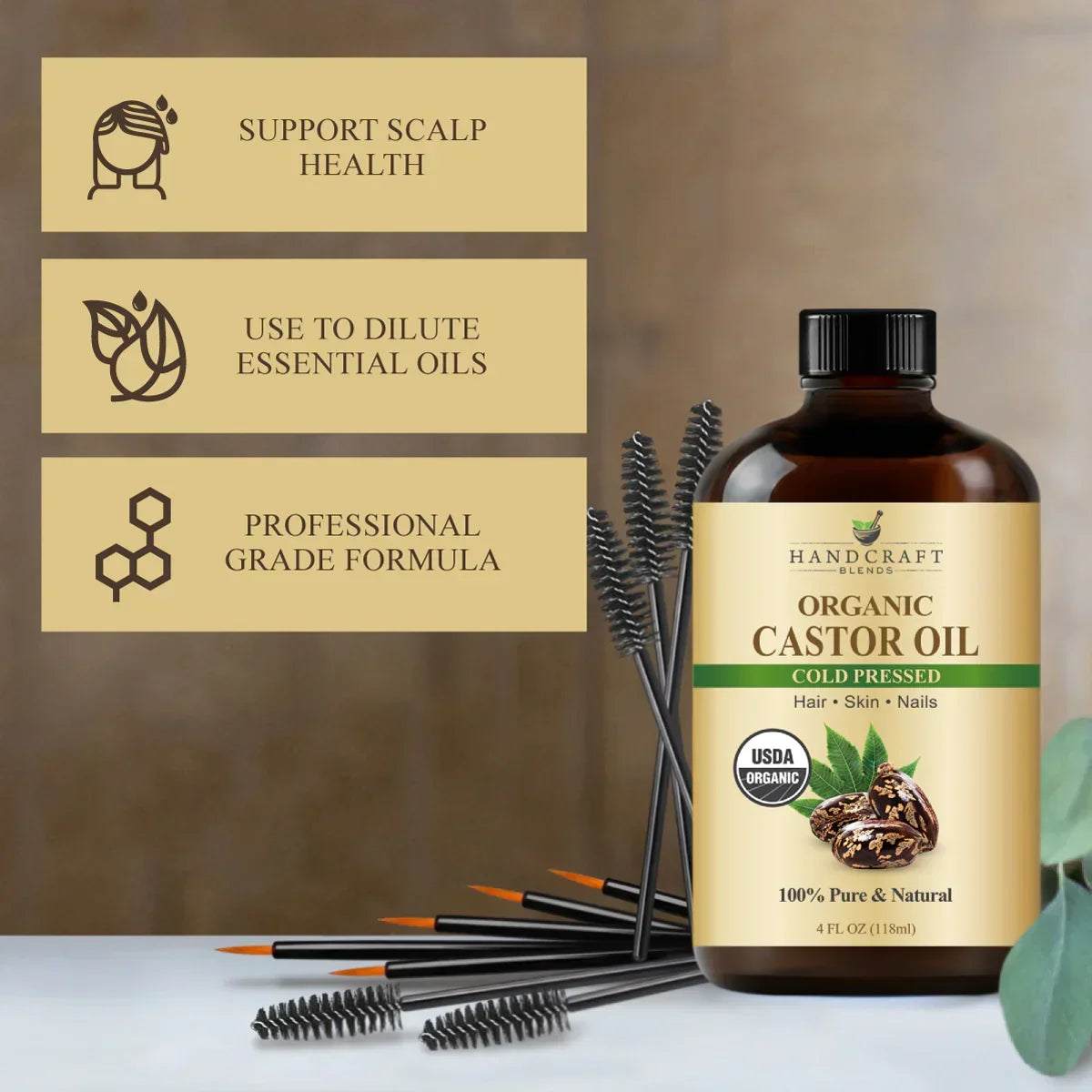 Organic castor oil bottle with mascara wands, benefits for scalp, essential oils, nails and hair.