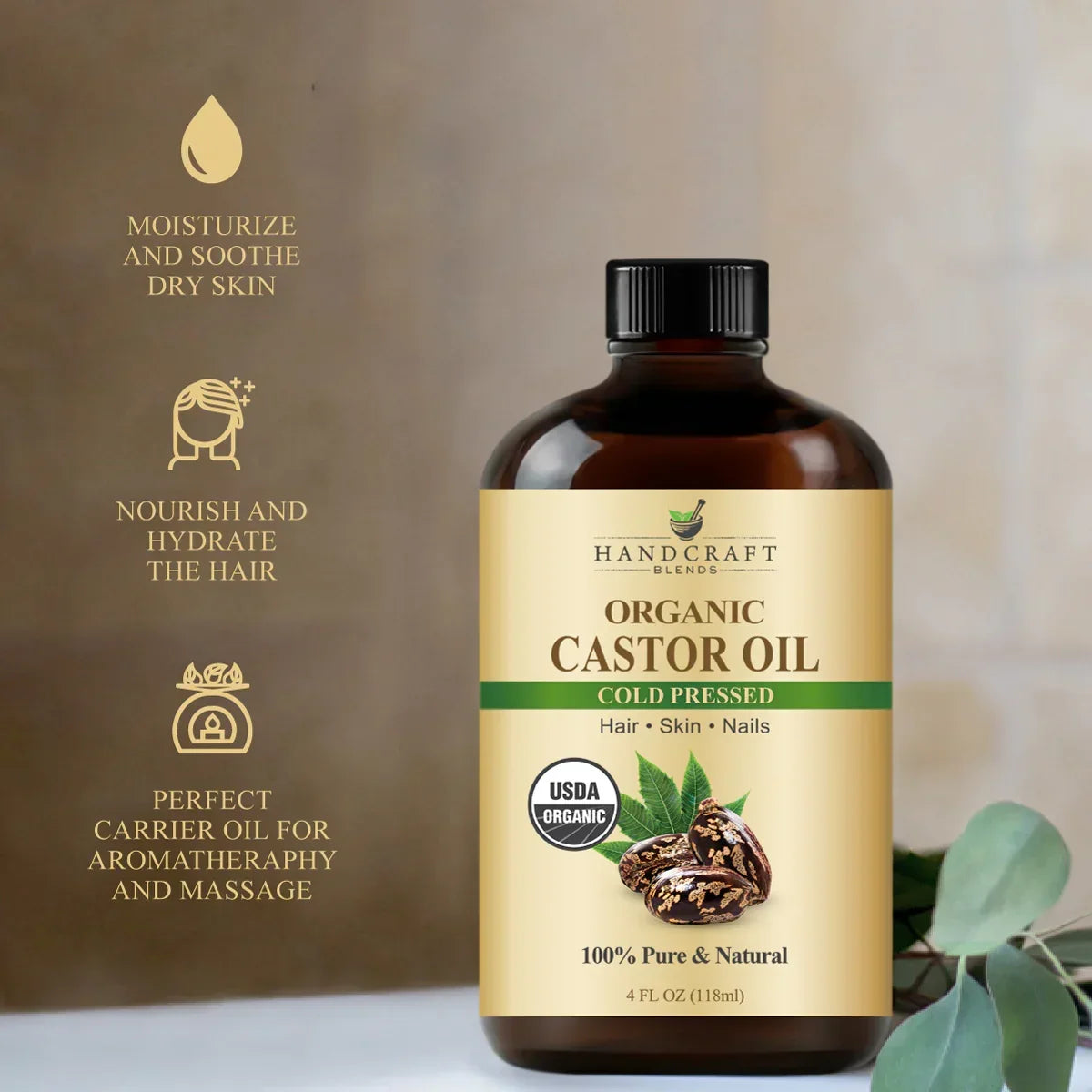 4oz bottle of organic cold pressed castor oil for hair, skin, nails, with leafy background