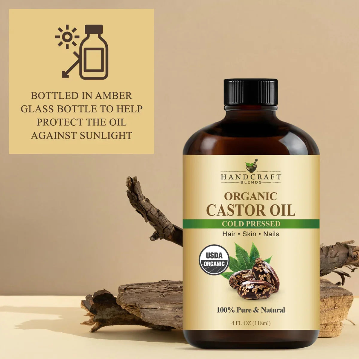 Organic castor oil cold pressed in amber glass bottle for hair, skin, nails on beige background