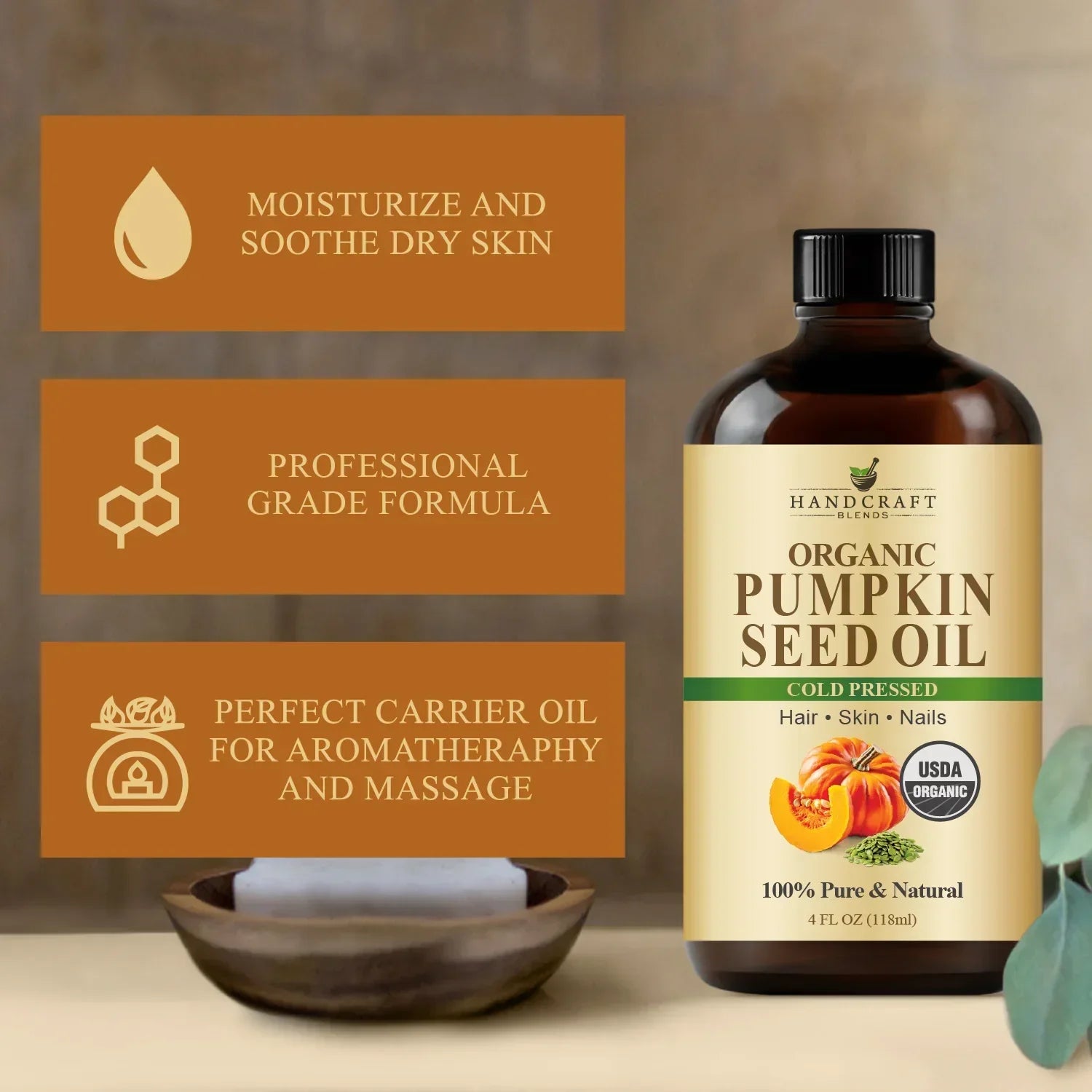 Organic pumpkin seed oil bottle with benefits for skin, hair, nails, aromatherapy, and massage