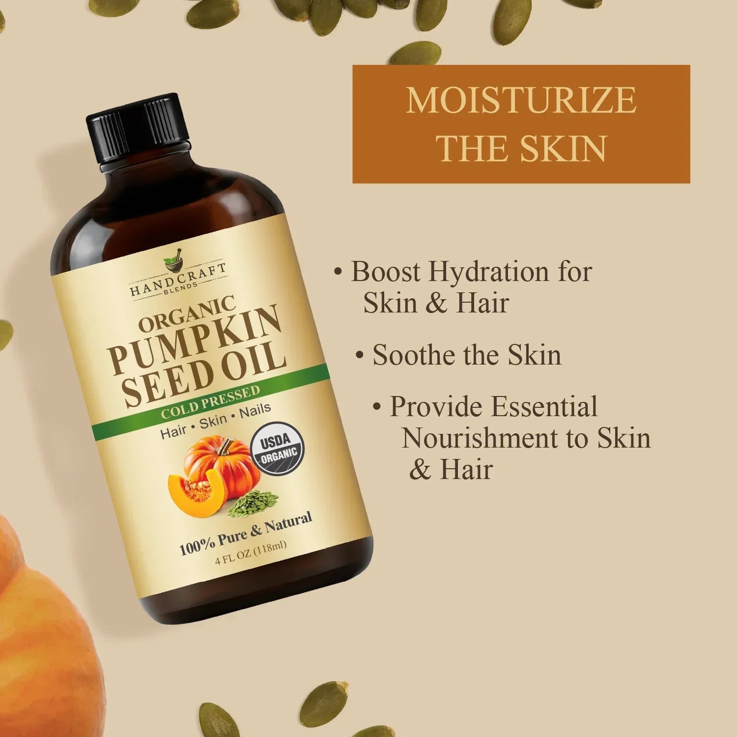 Organic pumpkin seed oil bottle with seeds, benefits for skin and hair hydration and nourishment