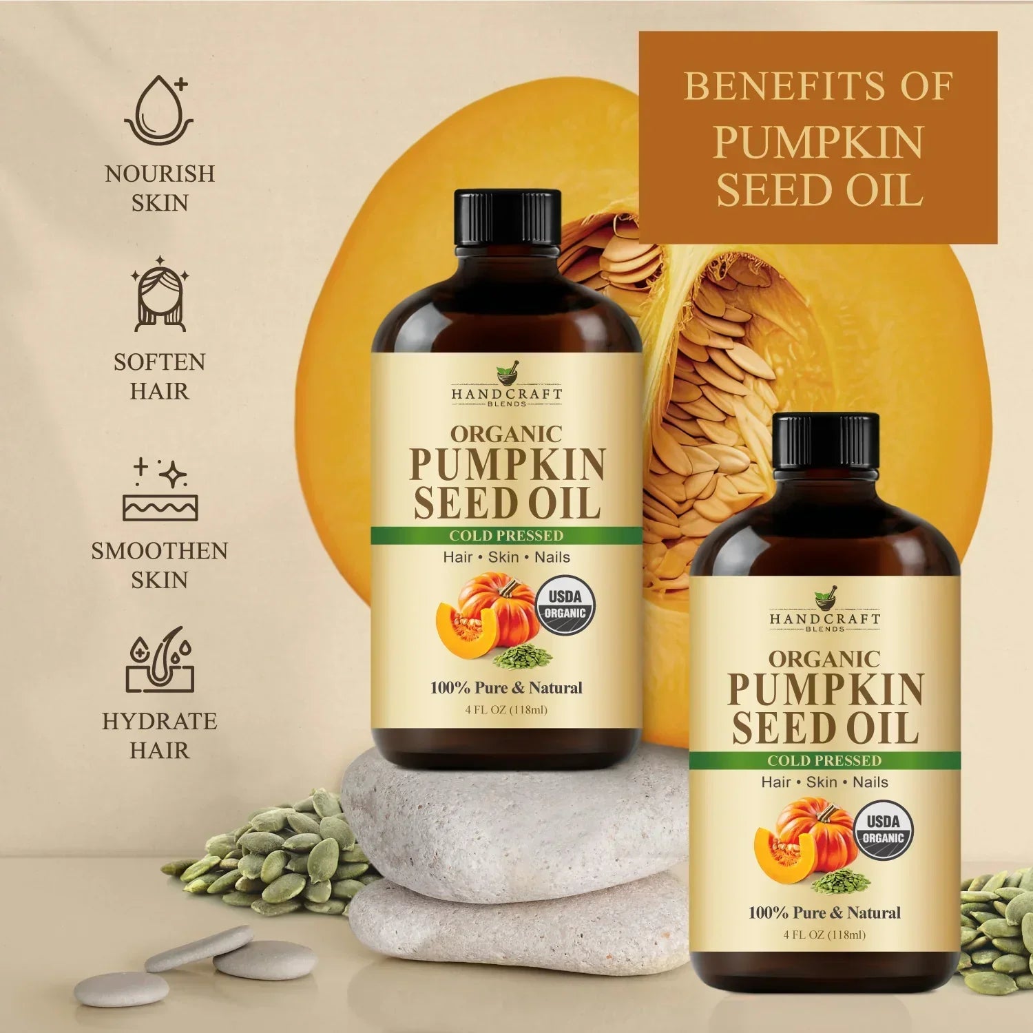 Organic pumpkin seed oil bottles with pumpkin and seeds, benefits for hair and skin displayed.