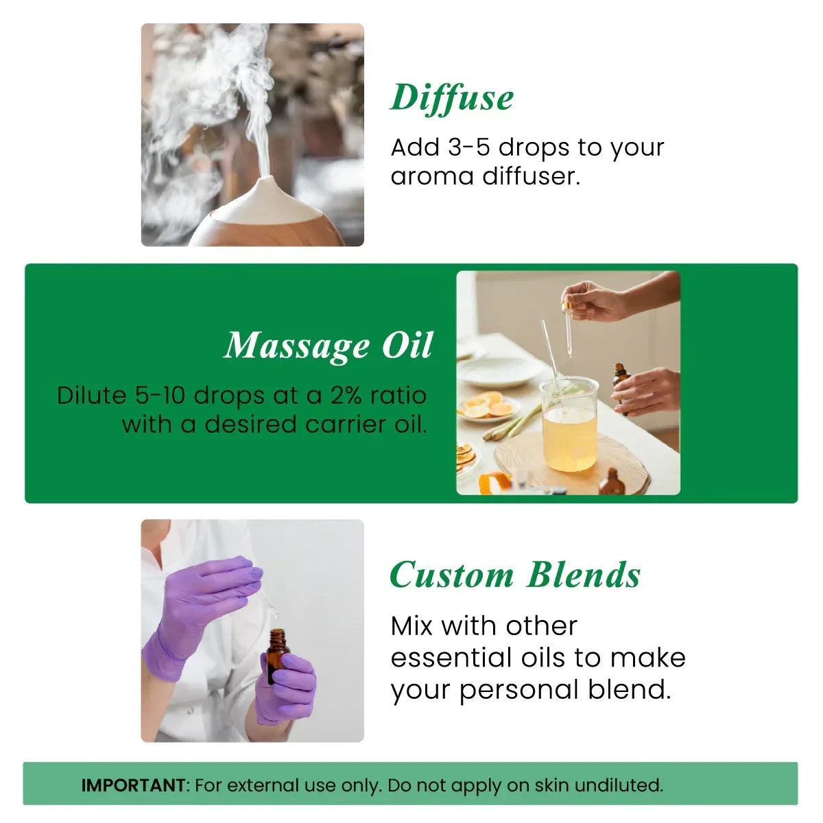 Essential oil uses showing diffuser, mixing with carrier oil for massage, and custom blend prep.