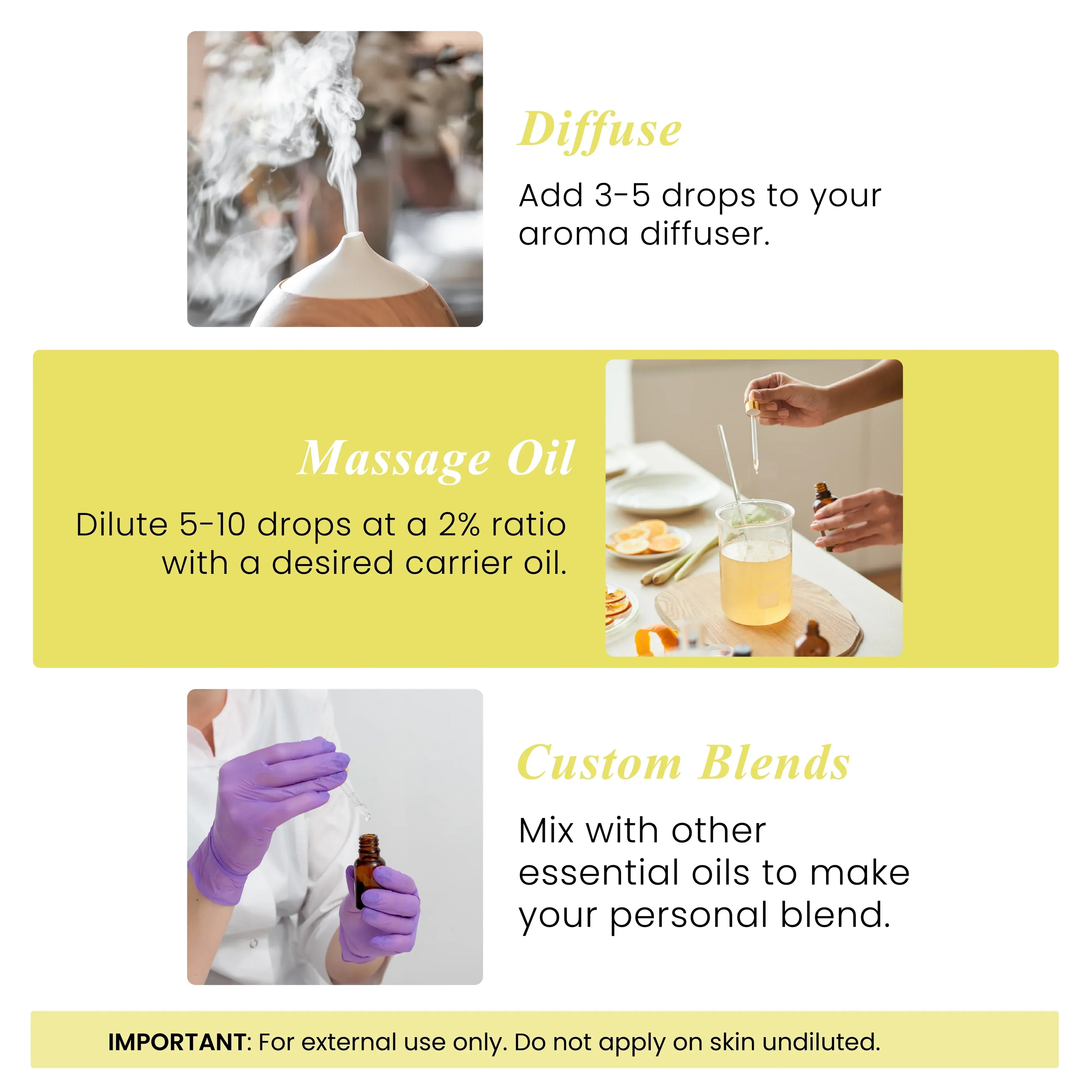 Essential oil usage guide with images of diffuser, mixing massage oil, and creating custom blends.