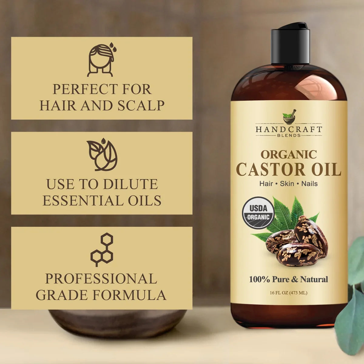 16oz bottle of organic castor oil for hair, skin, and nails with product benefits listed