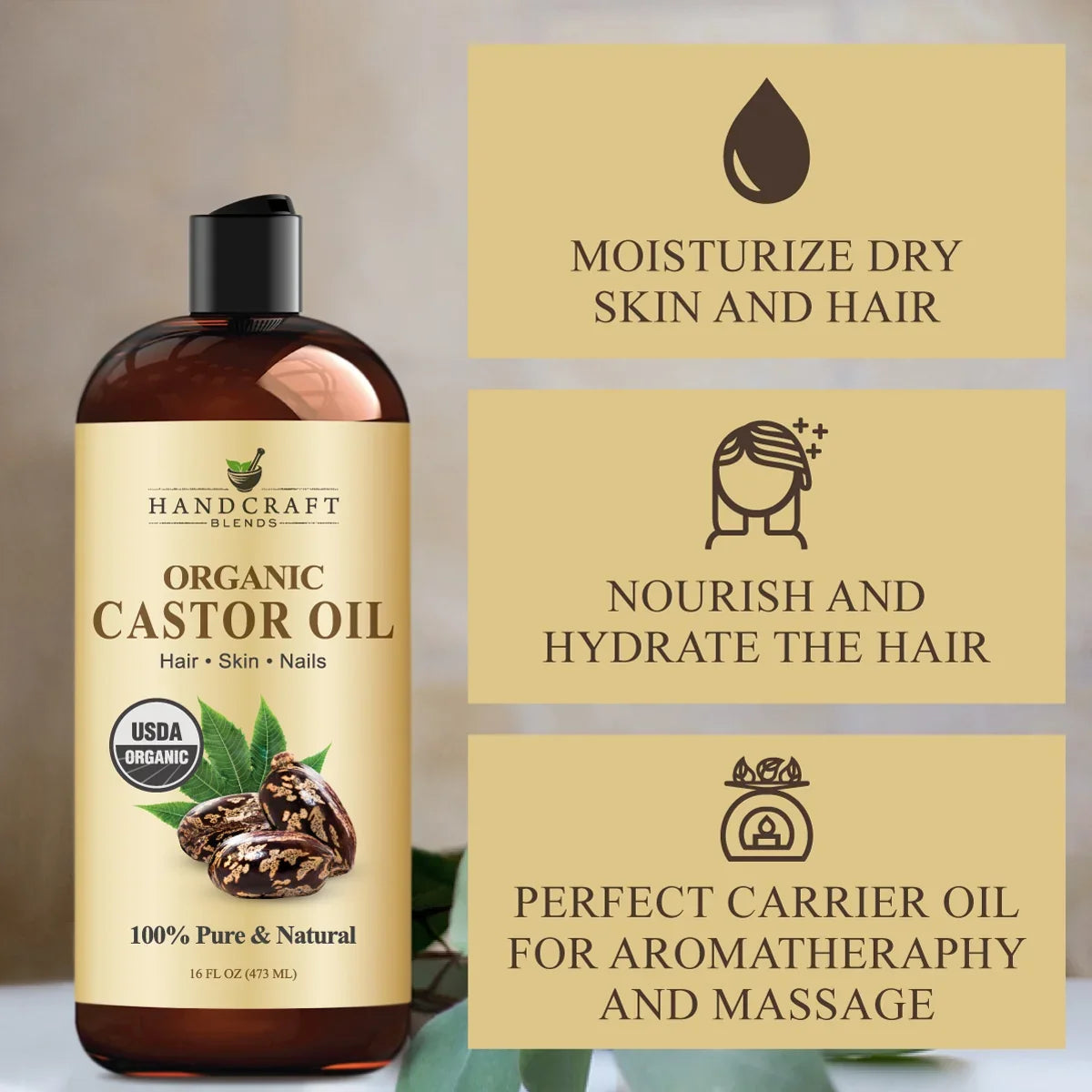 Organic castor oil bottle for hair, skin, nails, with benefits for moisturizing and aromatherapy.