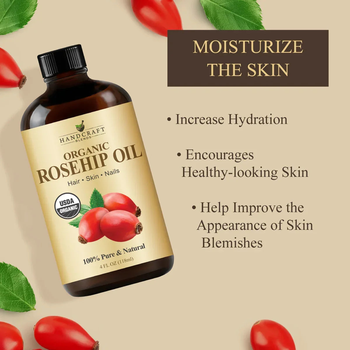 Organic rosehip oil bottle with rosehips and text highlighting moisturizing and skin benefits