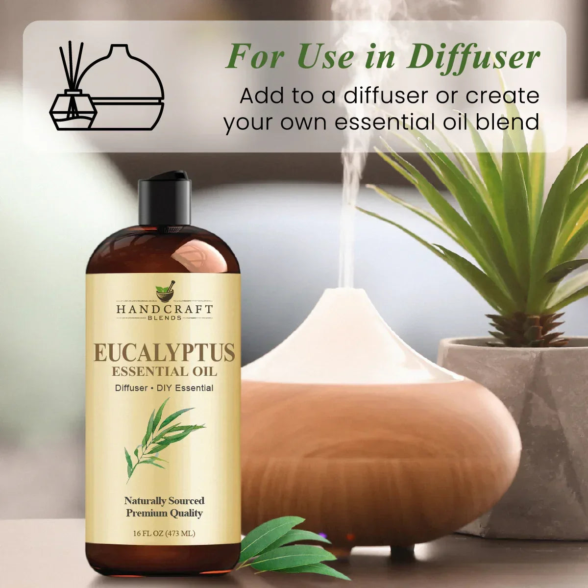 Eucalyptus essential oil bottle next to a plant and aromatherapy diffuser on a table