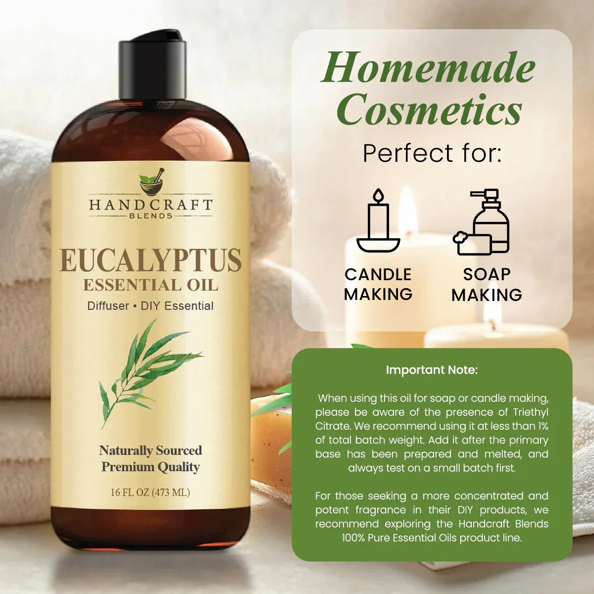 Eucalyptus essential oil bottle for DIY, candle making, and soap making, with towels and candles.