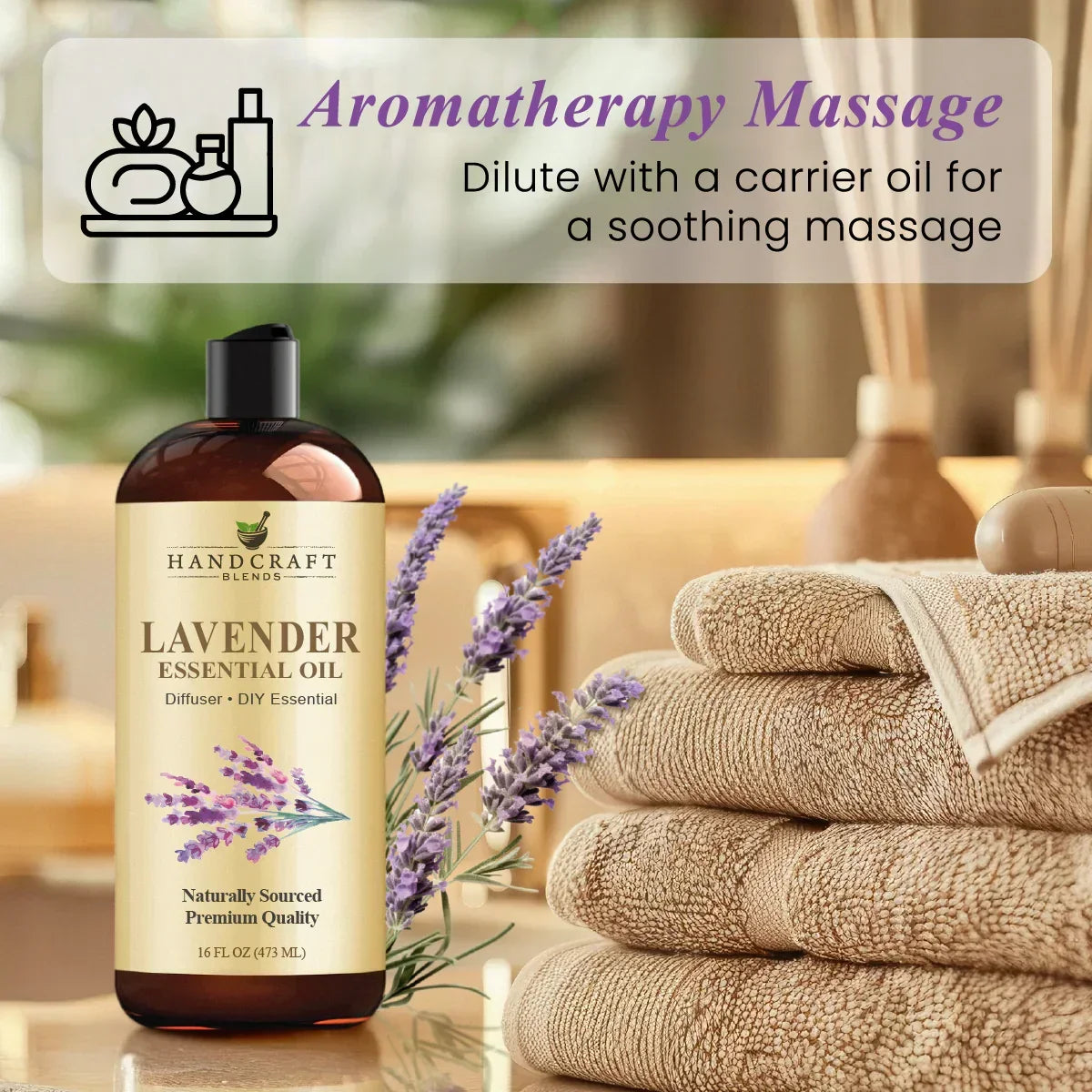 Lavender essential oil bottle with lavender flowers and spa towels, aromatherapy massage setting.