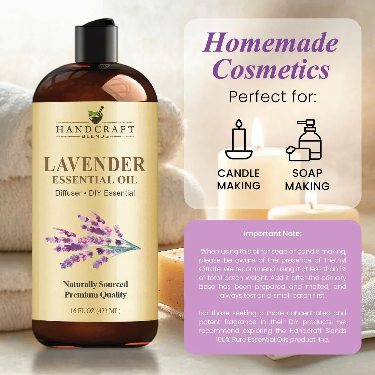 Lavender essential oil bottle for DIY candle and soap making, spa towels and candles nearby