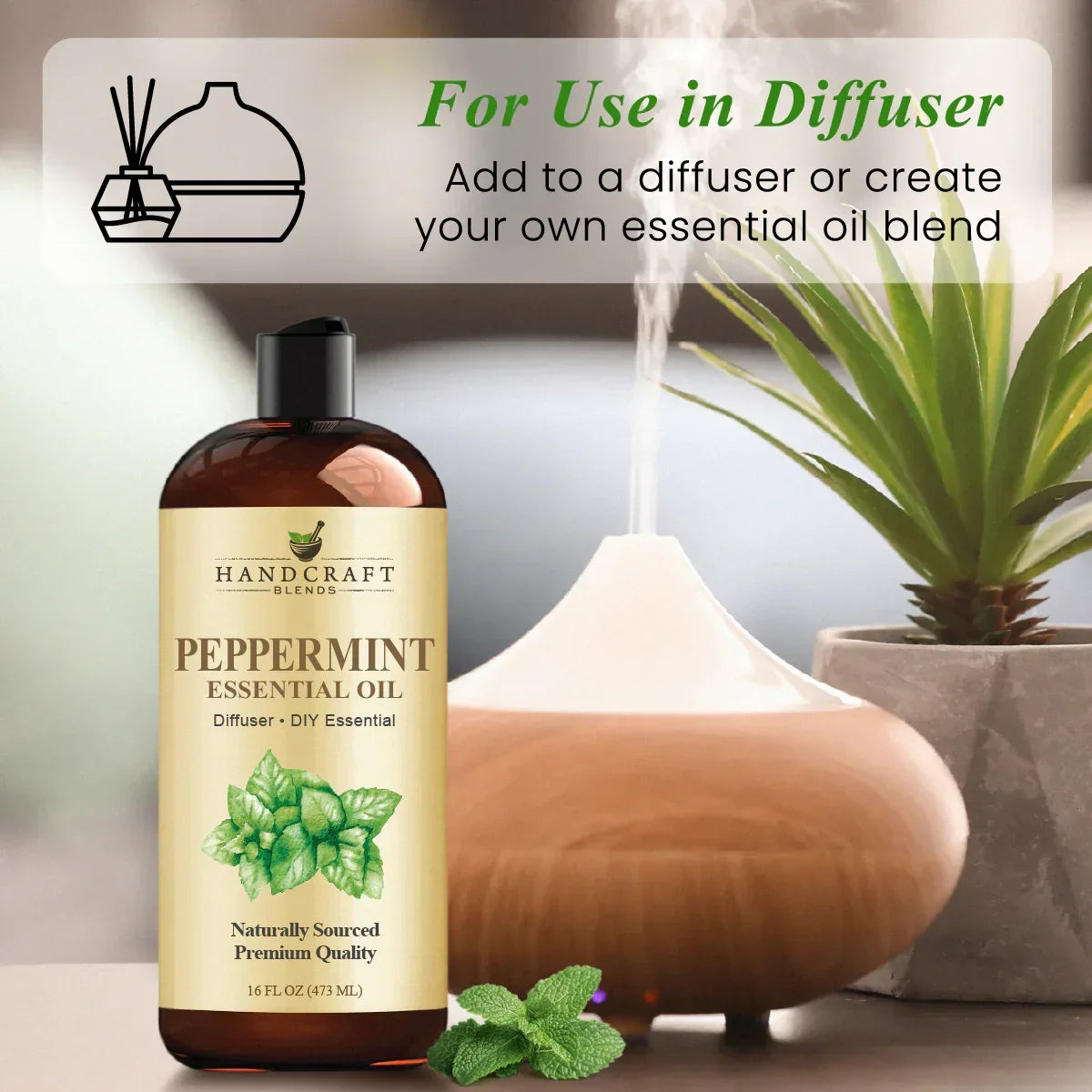 Peppermint essential oil bottle with diffuser, green plant, and fresh mint leaves for aromatherapy