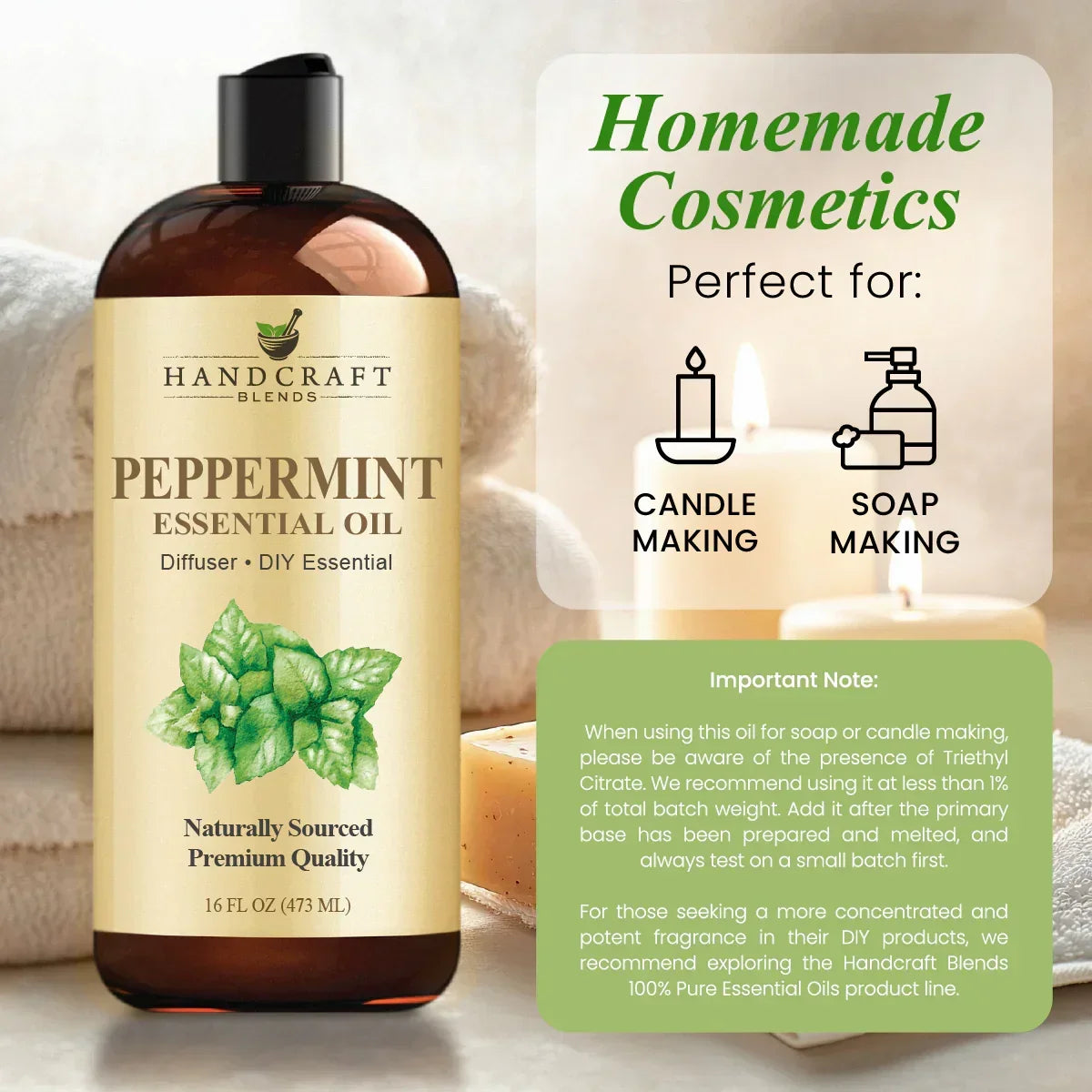 Peppermint essential oil bottle for aromatherapy, candle and soap making, with spa towels and candles