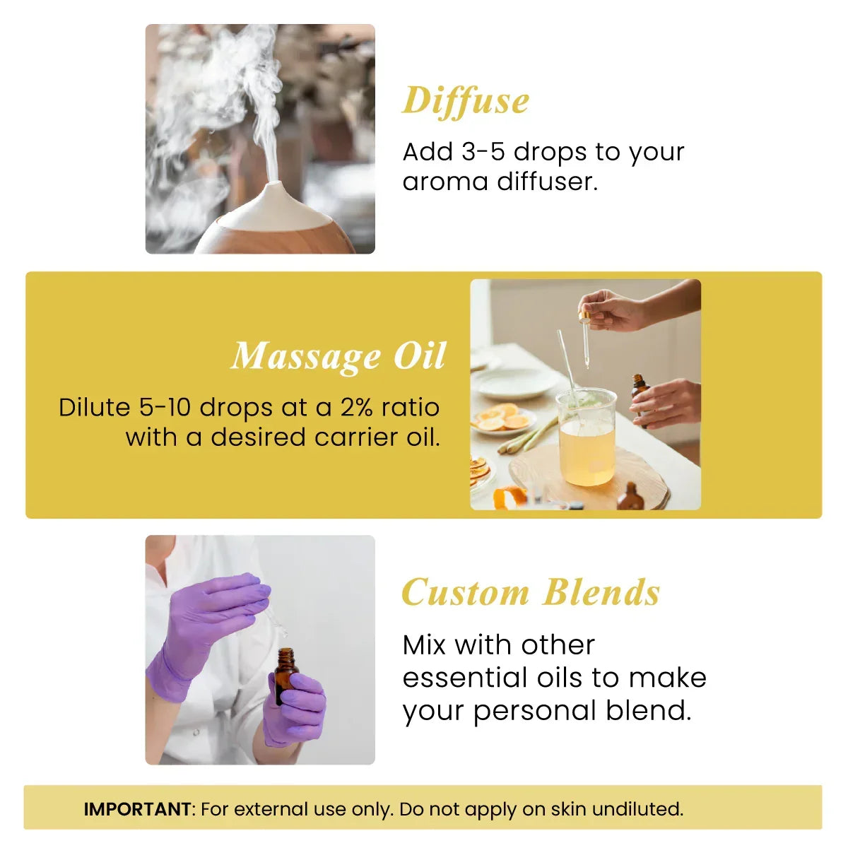 Helichrysum essential oil usage chart, showing diffusing, massage oil blend, and custom blend instructions with relevant images.