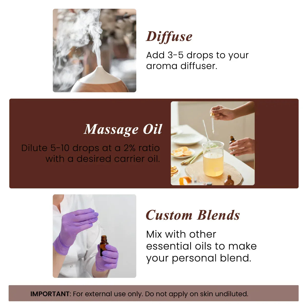 Essential oil use tips showing diffuser, massage oil mixing, and custom blend preparation.