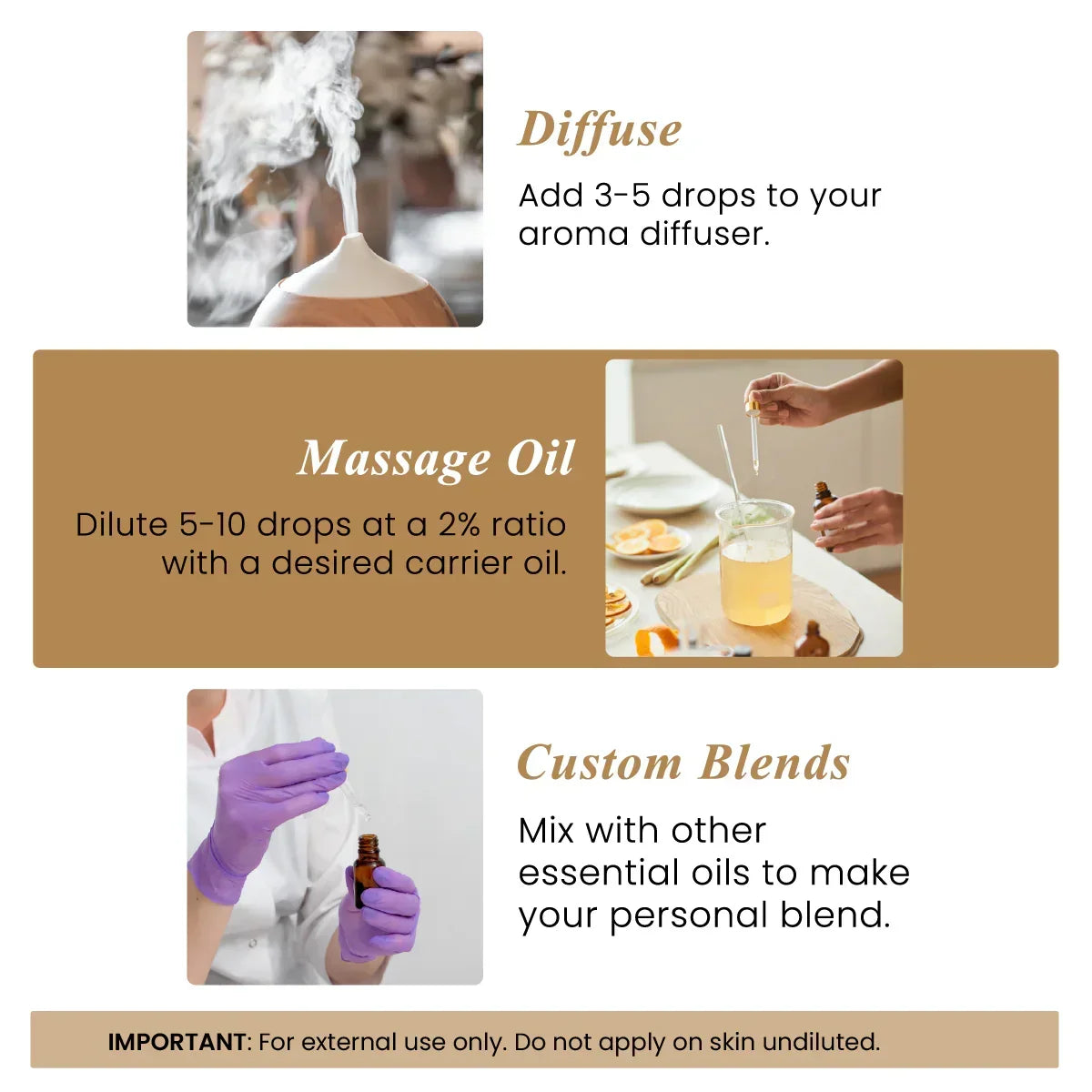 Frankincense essential oil uses: diffuse, mix for massage oil, or create custom blends.